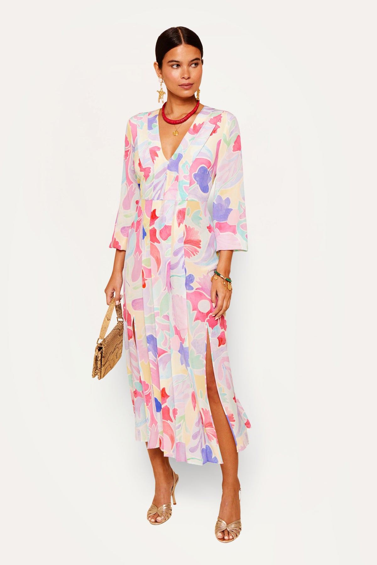 Camellia Silk Midi Dress in Abstract Tulip Ivory | RIXO USA Camellia Silk Midi Dress in Abstract Tulip Ivory | RIXO USA