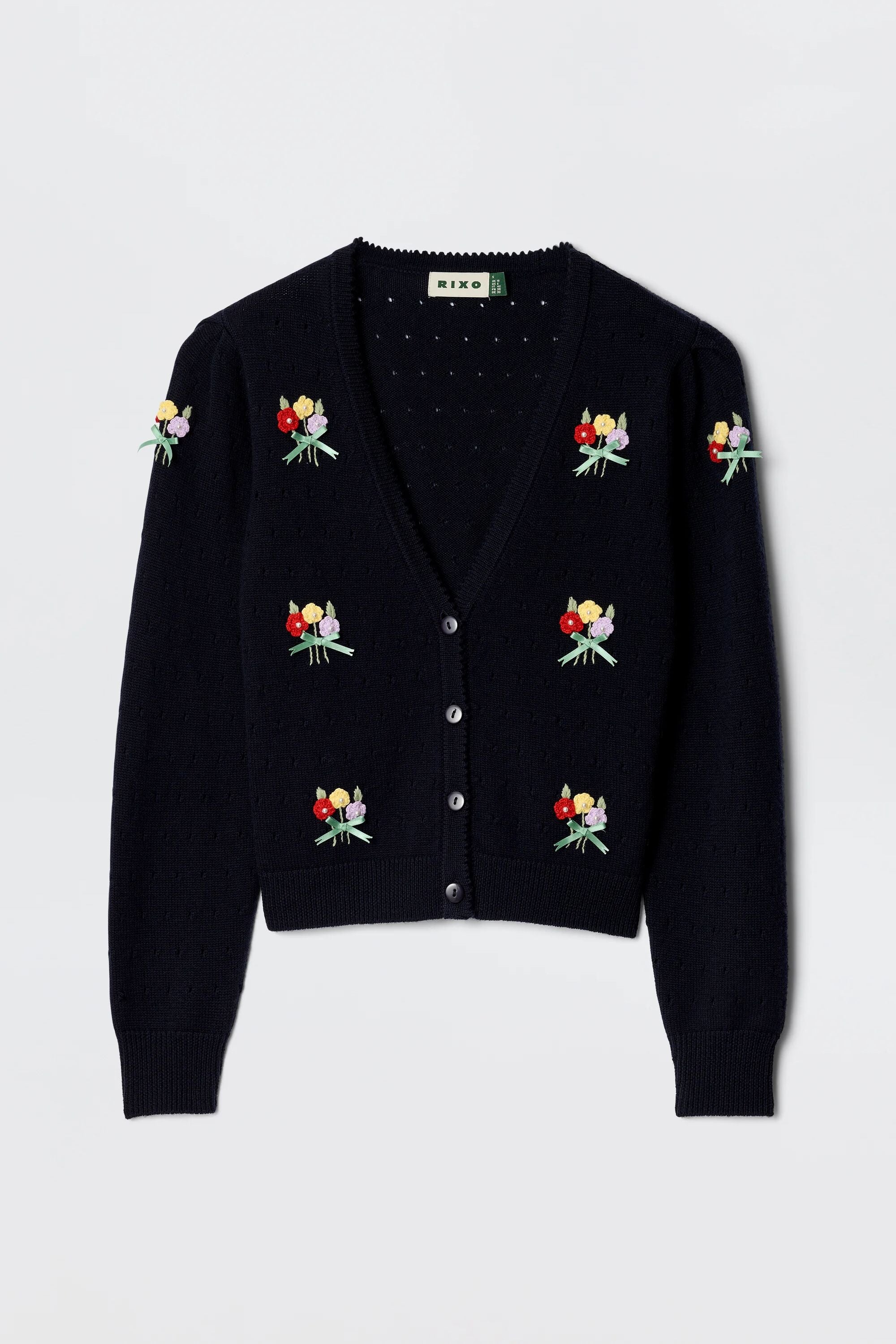 Merinda Merino Wool Cardigan in Floret Embroidery Deep Navy