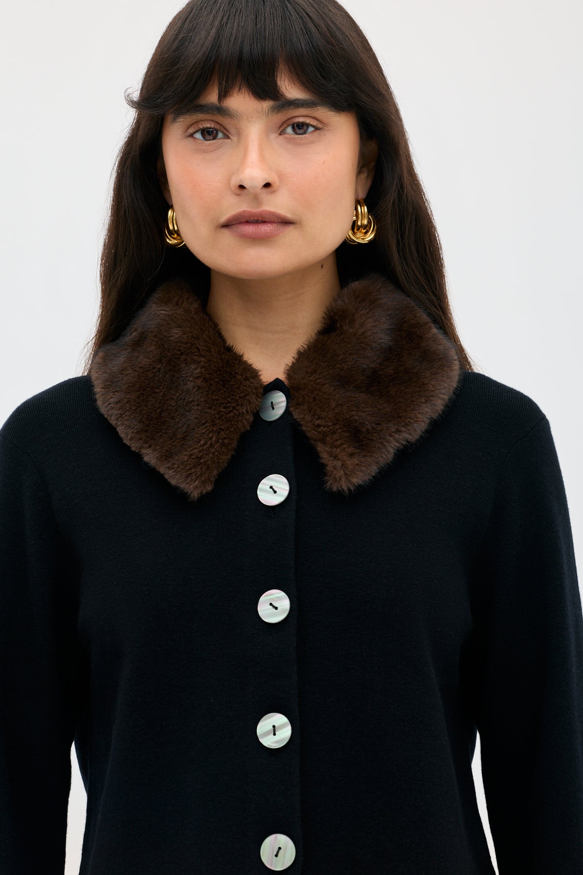 The Jasmin - Black cardigan features a brown faux fur collar and four front buttons.