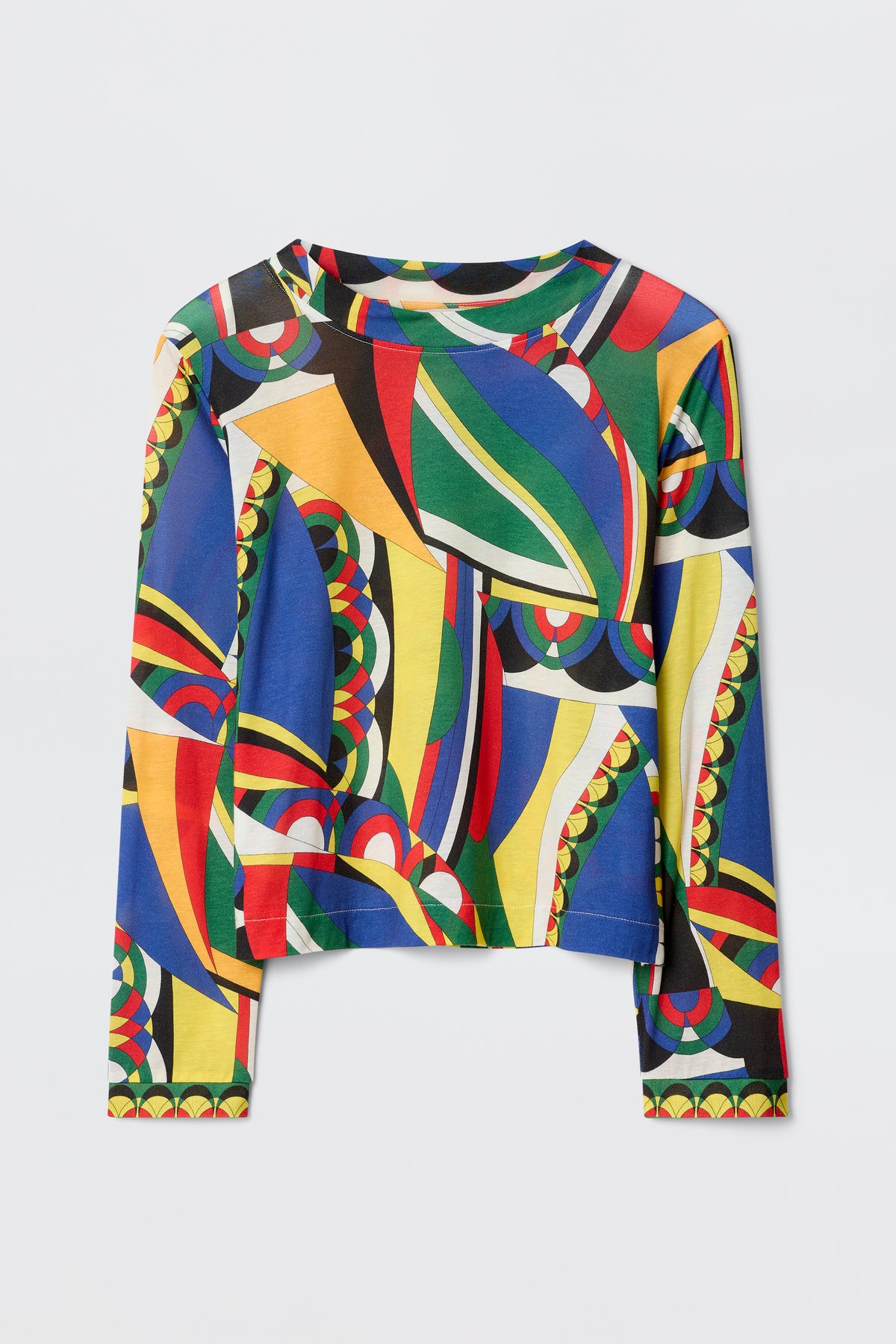 The Phaedra - Soho Geo Multi is a long-sleeve Tencel Jersey shirt, featuring a vibrant blue, green, red, yellow, and black geometric print on white, displayed flat against a plain surface.
