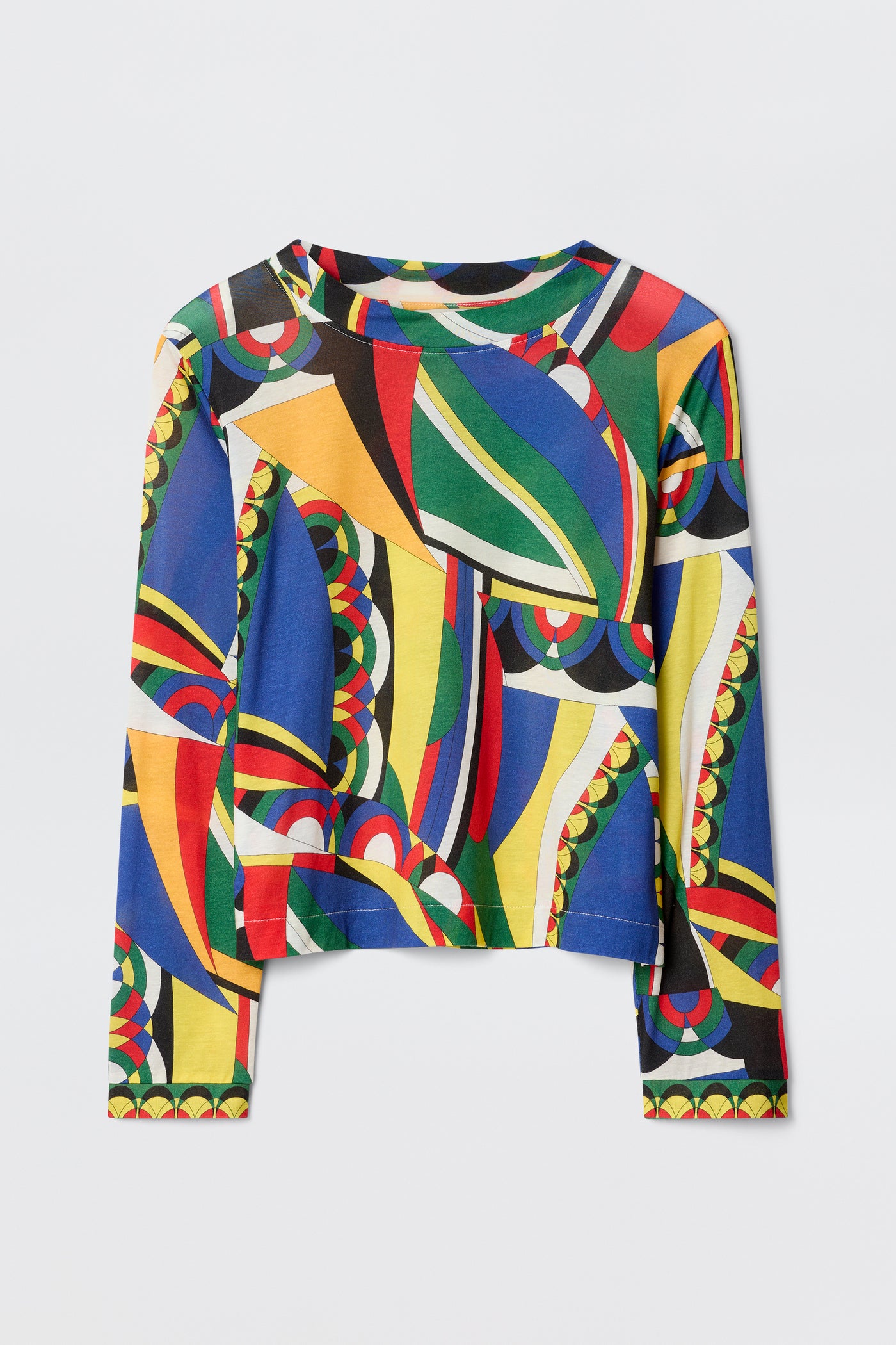 The Phaedra - Soho Geo Multi is a long-sleeve Tencel Jersey shirt, featuring a vibrant blue, green, red, yellow, and black geometric print on white, displayed flat against a plain surface.