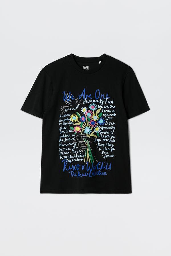 The Charity - Rixo x War Child Black t-shirt is a 60s-inspired black tee featuring a colorful flower bouquet graphic with handwritten phrases like We Are One, Humanity First, and The Peace Collection.