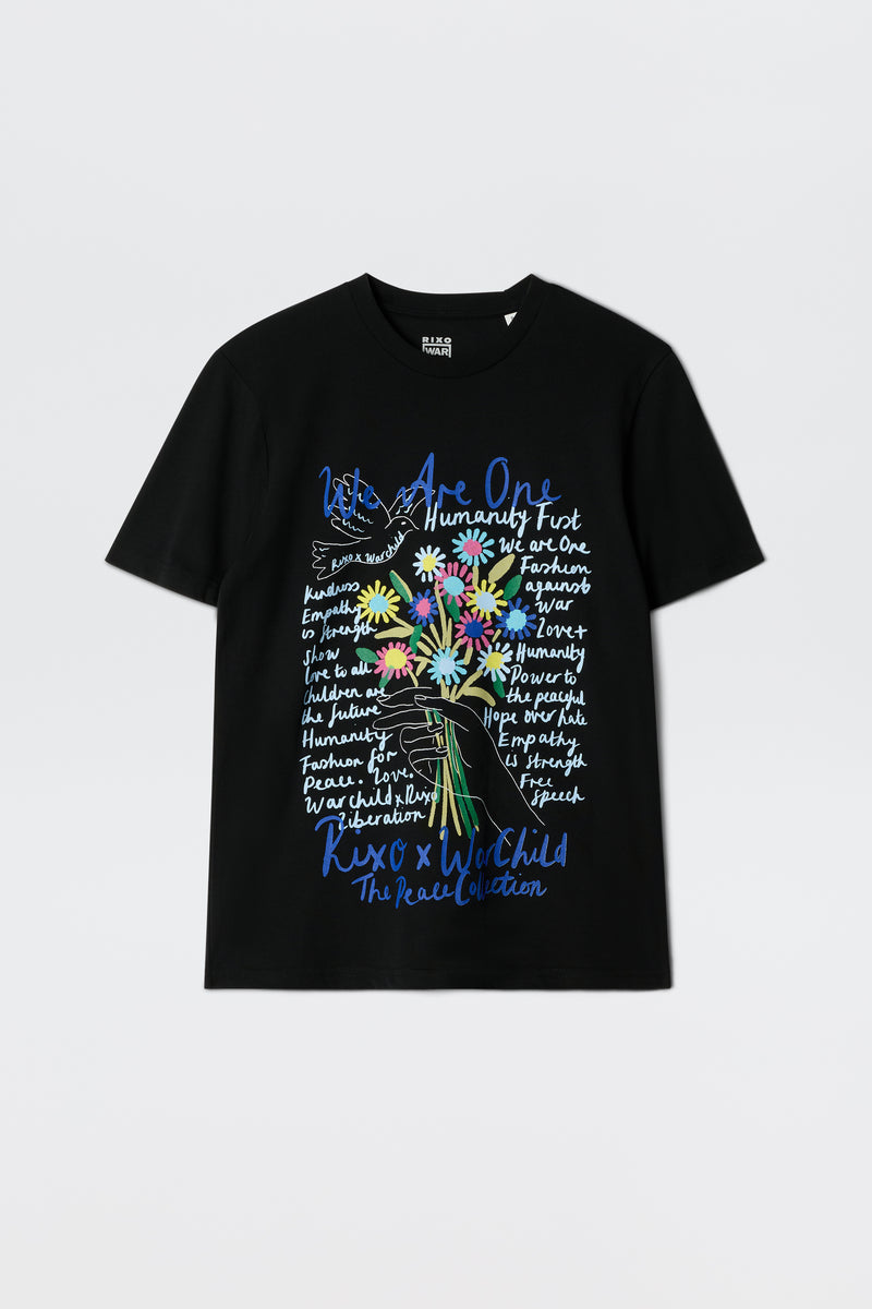 The Charity - Rixo x War Child Black t-shirt is a 60s-inspired black tee featuring a colorful flower bouquet graphic with handwritten phrases like We Are One, Humanity First, and The Peace Collection.
