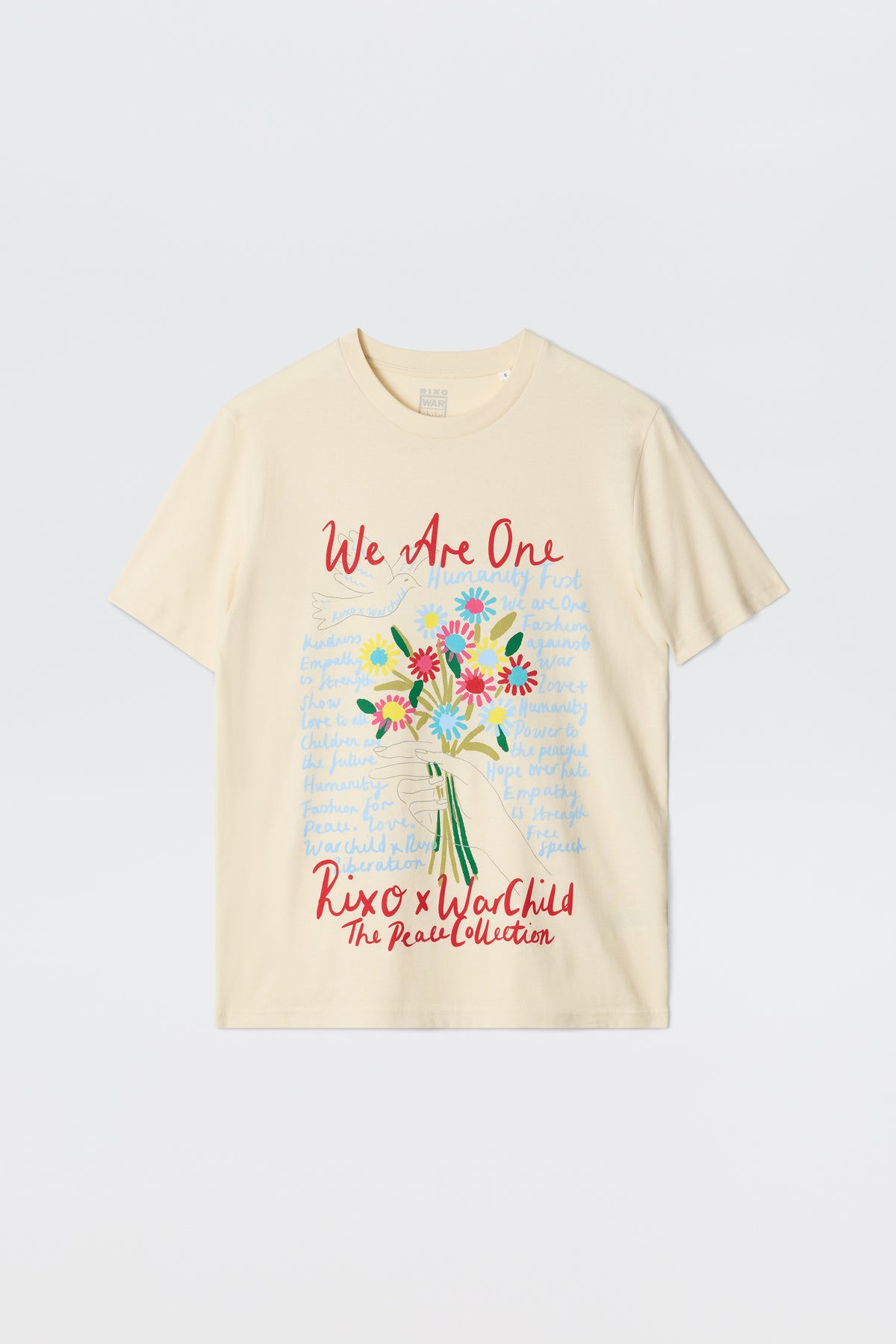 The Charity - Rixo x War Child Cream T-shirt features a colorful floral bouquet, handwritten blue background text, and red “We Are One” and “Rixo x WarChild The Peace Collection” lettering on the front.