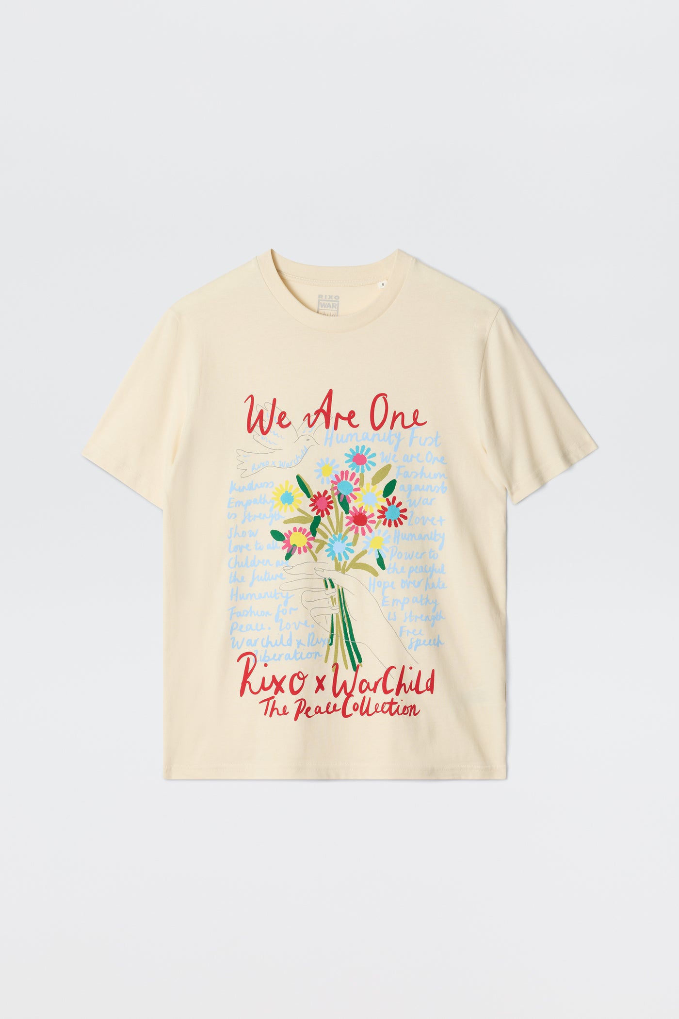The Charity - Rixo x War Child Cream T-shirt features a colorful floral bouquet, handwritten blue background text, and red “We Are One” and “Rixo x WarChild The Peace Collection” lettering on the front.