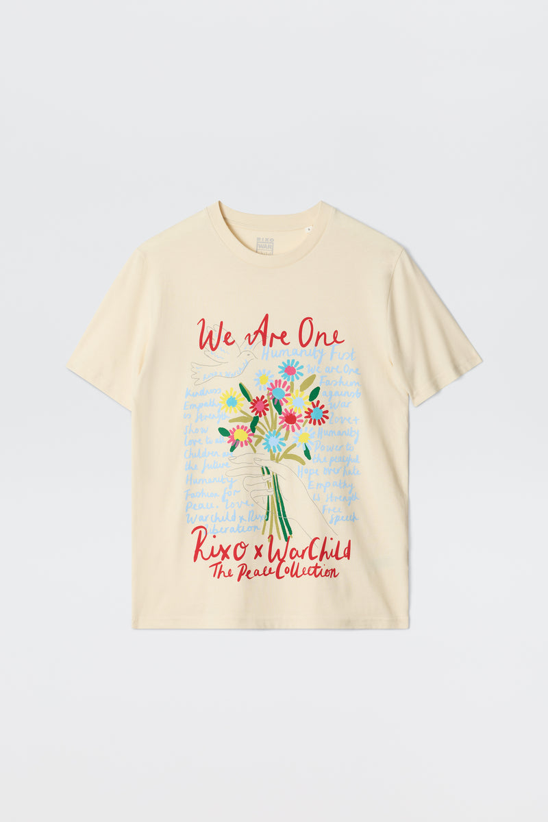 The Charity - Rixo x War Child Cream T-shirt features a colorful floral bouquet, handwritten blue background text, and red “We Are One” and “Rixo x WarChild The Peace Collection” lettering on the front.
