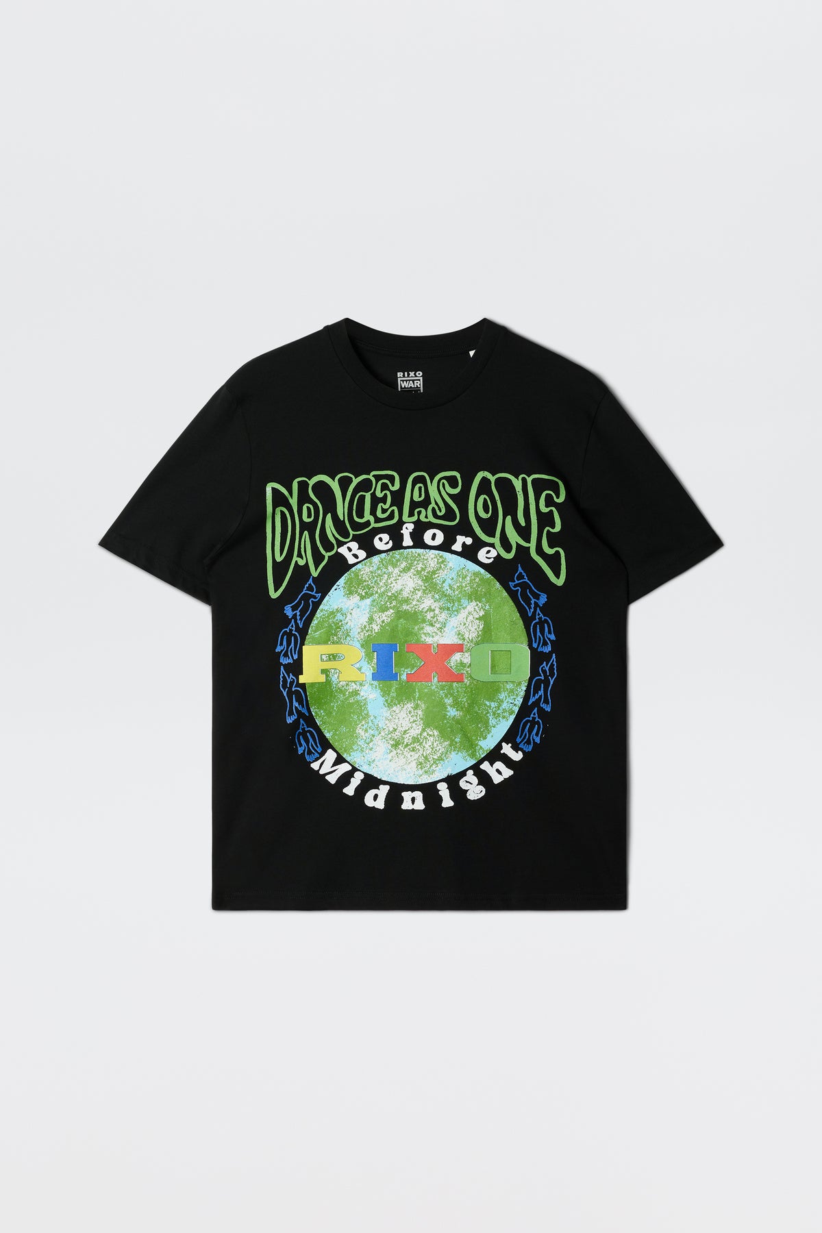 The Charity - Rixo x War Child x Before Midnight Black T-shirt features colorful green and white "Drive As One Before Midnight" text, inspired by the festival, with a circular blue, green, and red abstract patterned design.