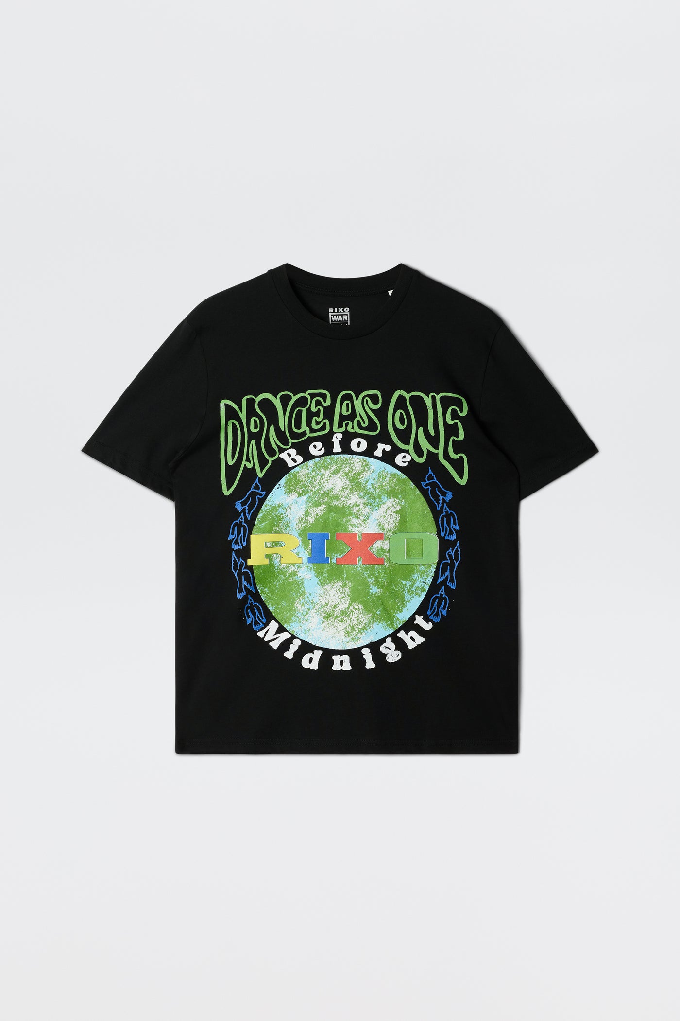 The Charity - Rixo x War Child x Before Midnight Black T-shirt features colorful green and white "Drive As One Before Midnight" text, inspired by the festival, with a circular blue, green, and red abstract patterned design.