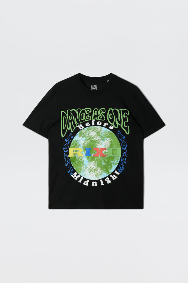 The Charity - Rixo x War Child x Before Midnight Black T-shirt features colorful green and white "Drive As One Before Midnight" text, inspired by the festival, with a circular blue, green, and red abstract patterned design.