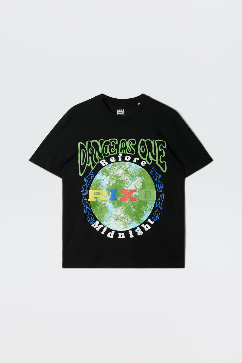 The Charity - Rixo x War Child x Before Midnight Black T-shirt features colorful green and white "Drive As One Before Midnight" text, inspired by the festival, with a circular blue, green, and red abstract patterned design.