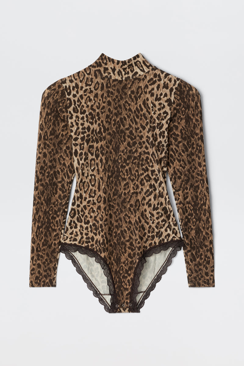 The Polo - Leopard Brown is a long-sleeve, high-neck bodysuit with a brown and black leopard print, made from soft TENCEL™ Modal and detailed with black lace trim at the leg openings, shown flat on a white background.