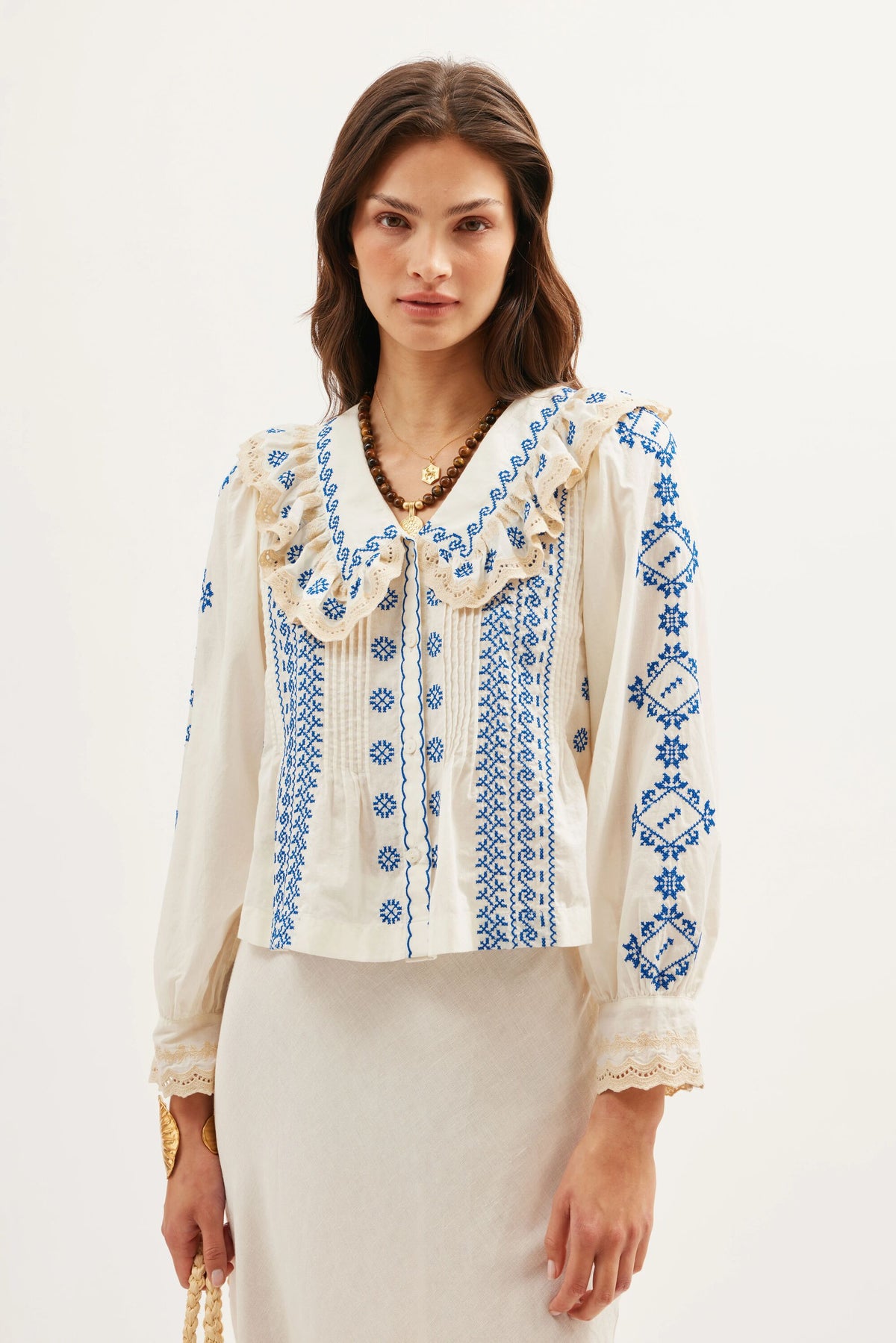 Percy Cotton Blouse in White Mila Embroidery Cream | RIXO USA ⋆