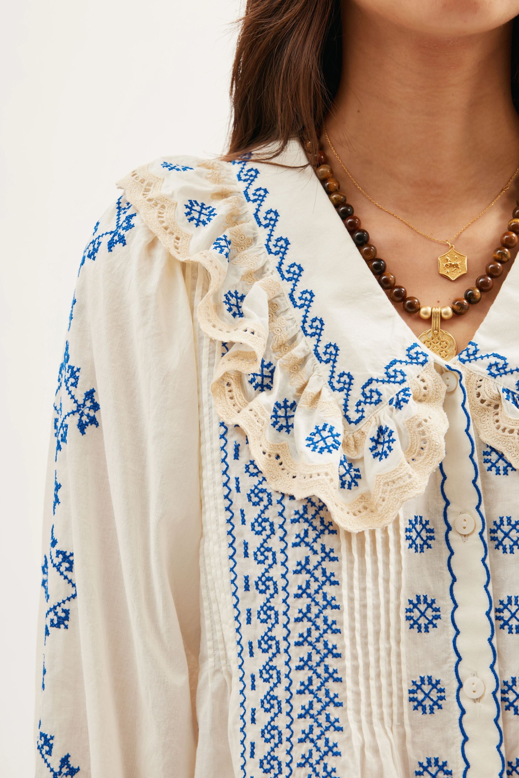 Percy Cotton Blouse in White Mila Embroidery Cream | RIXO USA ⋆