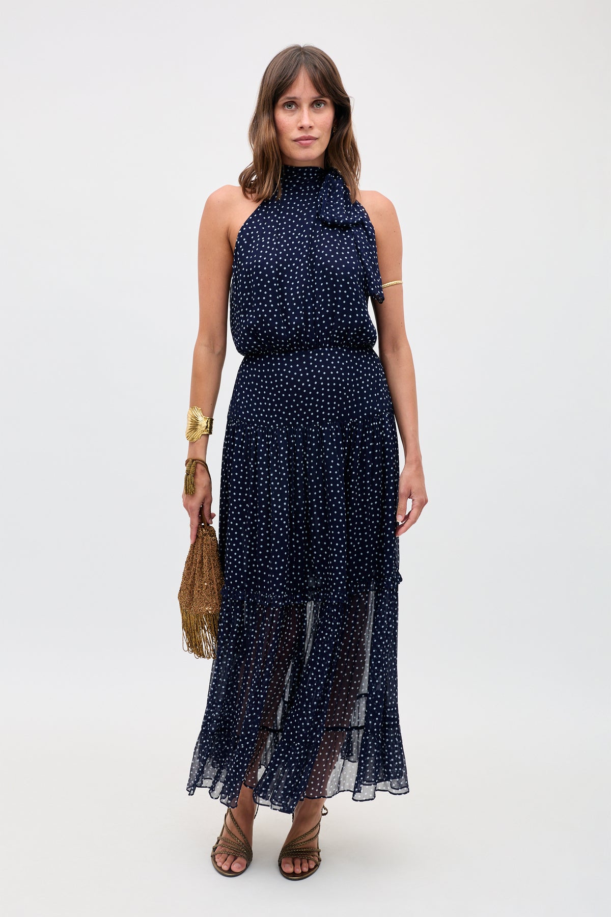 RIXO Abi Chiffon Midi Mini Navy Polka Dot RIXO Abi Chiffon Midi Mini Navy Polka Dot