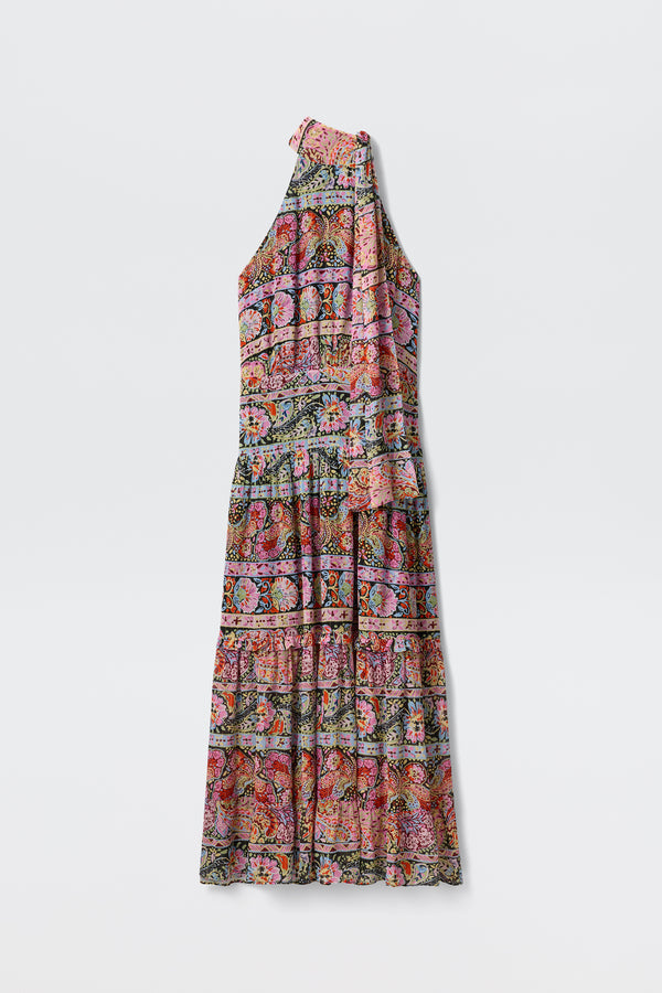 The Abi - Cara Stripe Black is a sleeveless, ankle-length dress with stripes, a high neckline with tie detail, and a tiered skirt, shown on a plain white background.