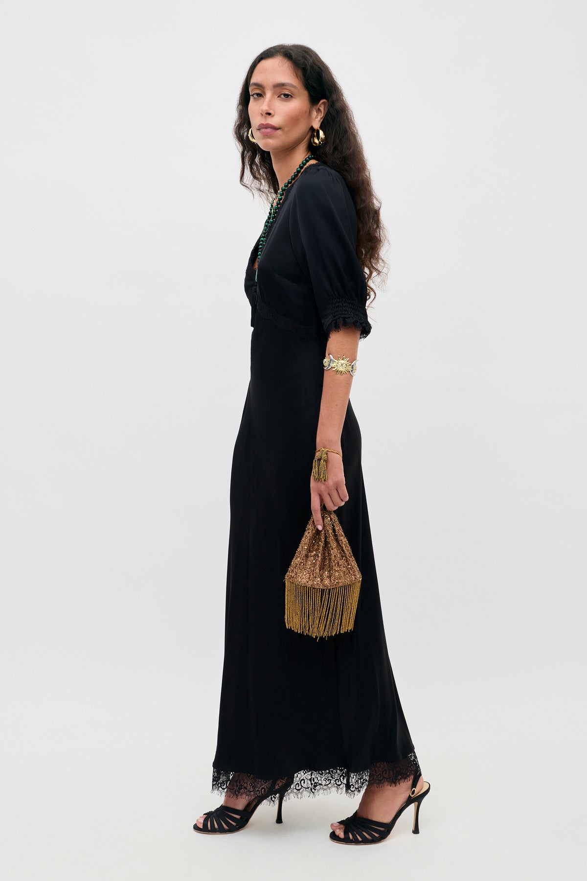 RIXO Annina Satin Midi Black