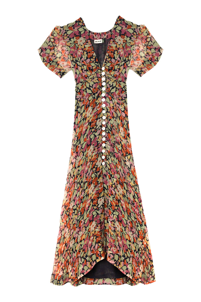 The Novara - Vintage Floral Deep Navy dress features short sleeves, a V-neckline, colorful floral patterns, white front buttons, a curved hem, fitted waist, and flared skirt for timeless vintage appeal.
