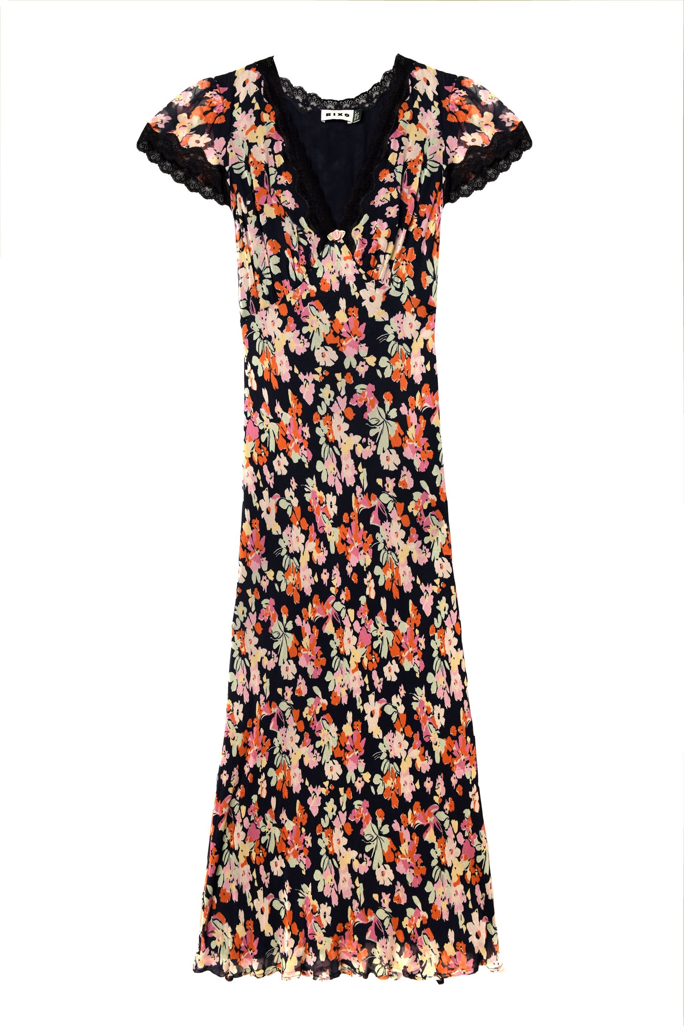 The Clarice - Primrose Floral Deep Navy is a black, short-sleeved dress with a V-neckline and lace trim, adorned with vibrant pink, orange, and yellow florals—ideal for a chic daytime look or as a stylish vintage nightdress.