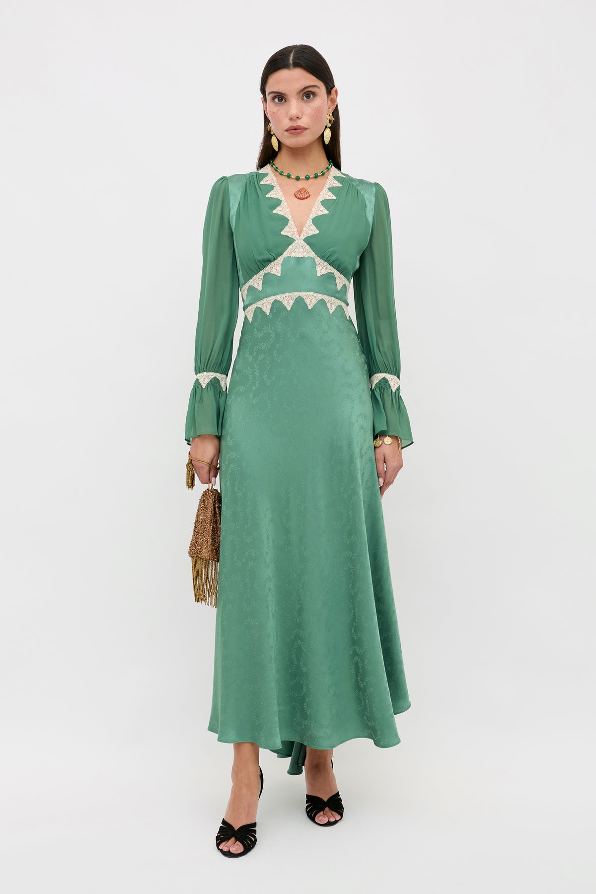 sage green jacquard dress Arlena in Floral Trail Party dress