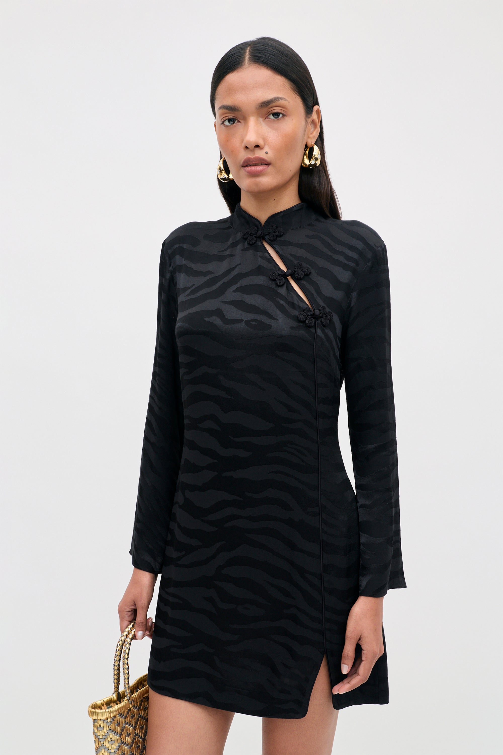 Brooklyn Satin Jacquard Mini Dress in Cooper Jacquard Black | RIXO ⋆