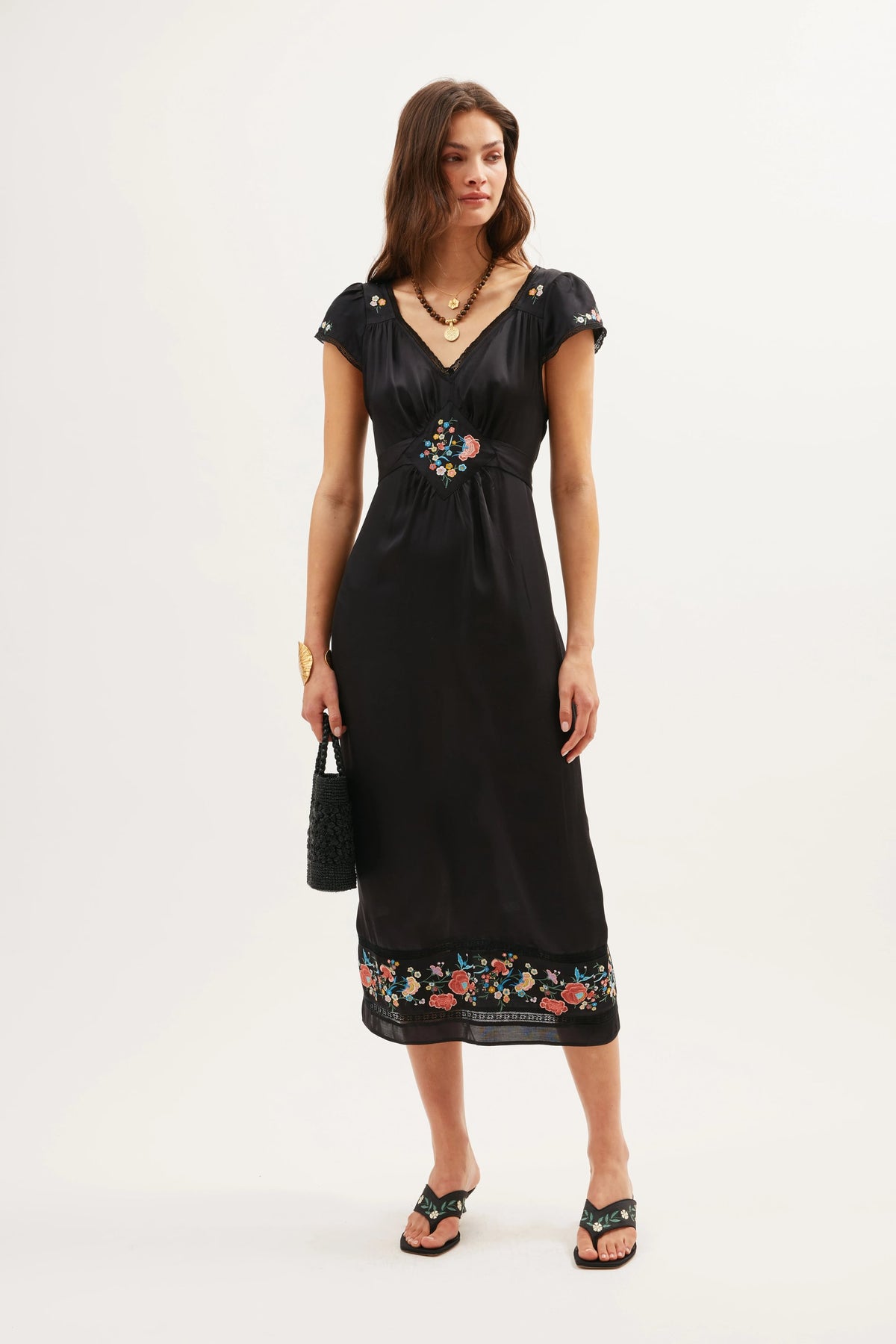 Carey Embroidered Satin Dress in Orchard Embroidery Black | RIXO Carey Embroidered Satin Dress in Orchard Embroidery Black | RIXO