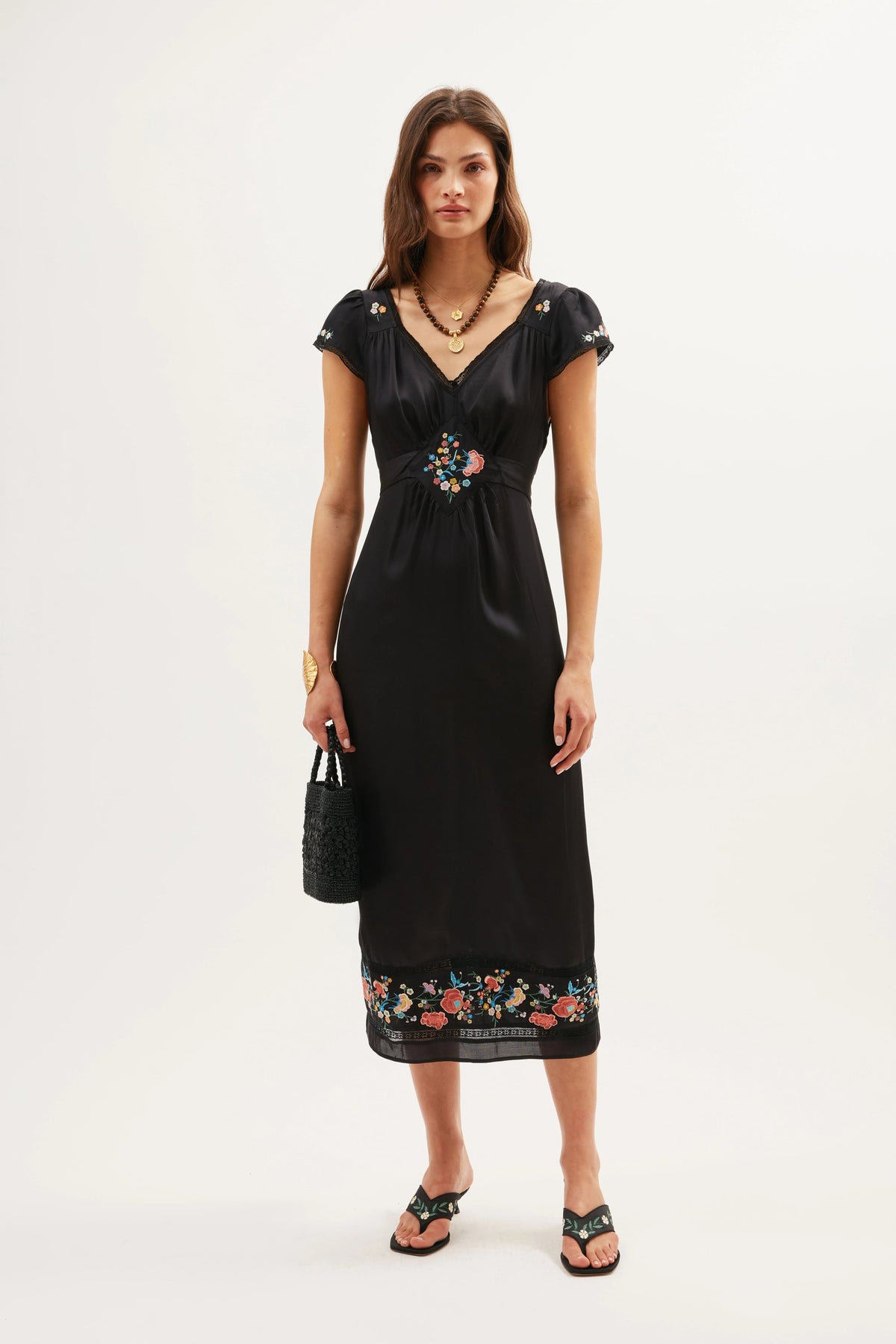 Carey Embroidered Satin Dress in Orchard Embroidery Black | RIXO USA Carey Embroidered Satin Dress in Orchard Embroidery Black | RIXO USA