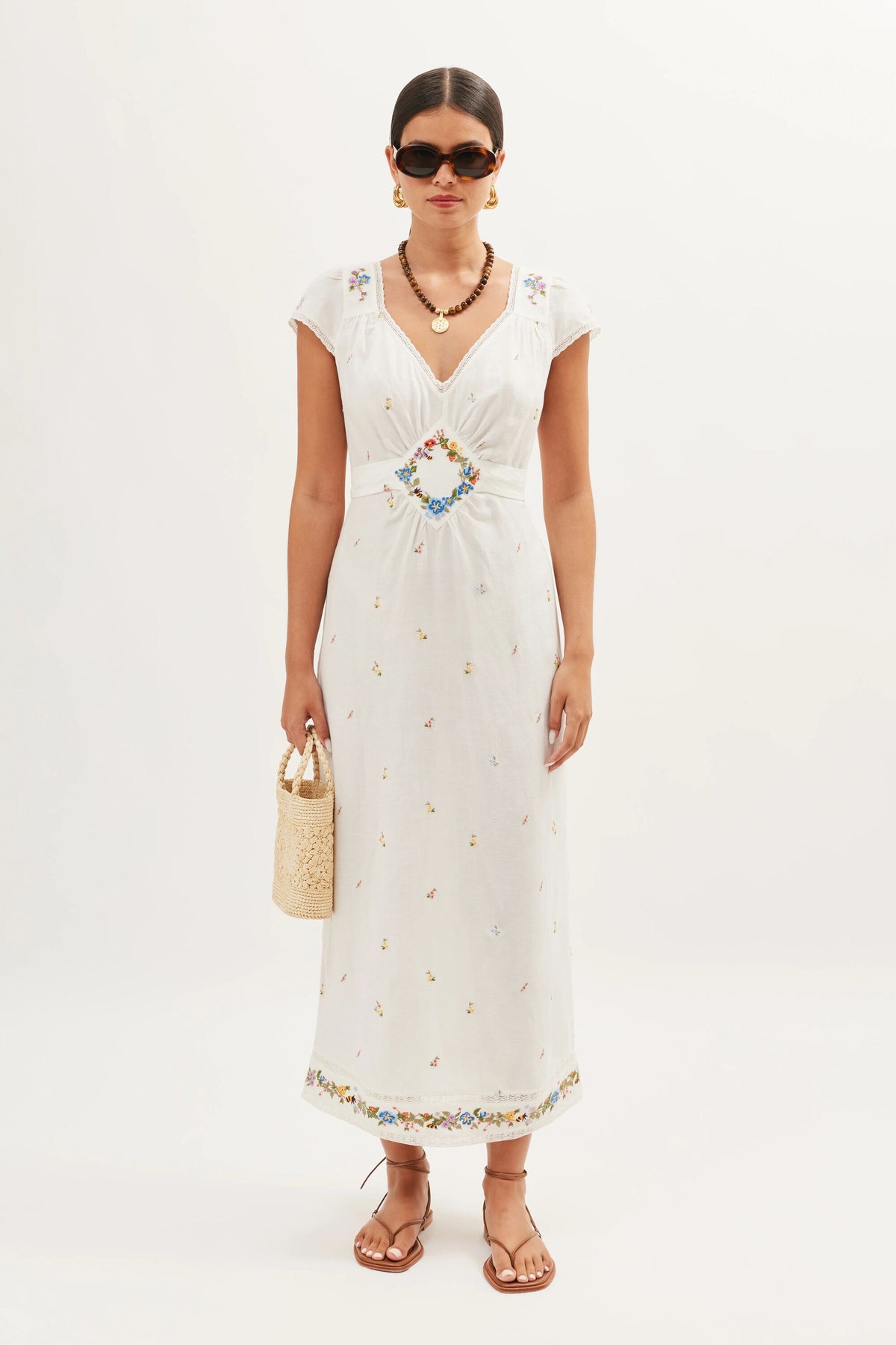 vacation leisure silk-cotton embroidery dress Carey Embroidered Linen in White Meadow Ivory Size:L (UK 12) Green Wedding Dresses Ball Horizon Blue Ball gown and intricate geometric patterns