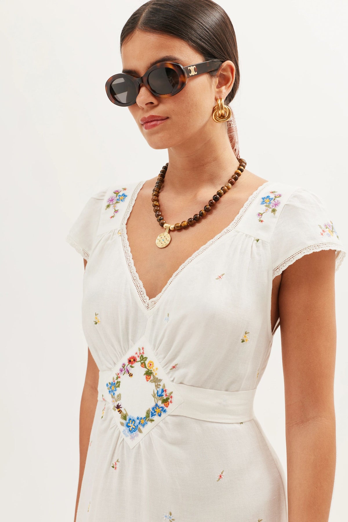 Carey Embroidered Linen Dress in White Meadow Embroidery Ivory | RIXO USA Carey Embroidered Linen Dress in White Meadow Embroidery Ivory | RIXO USA