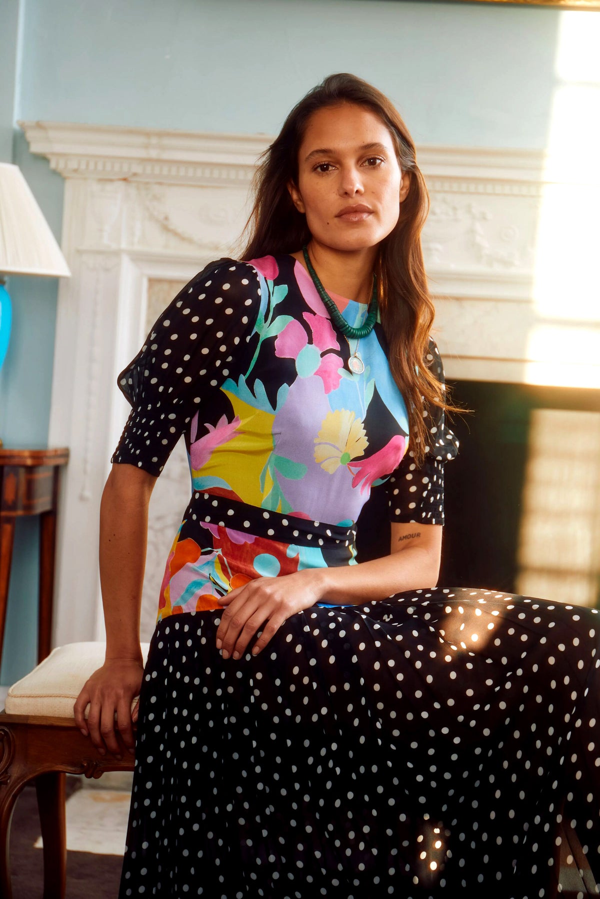 Cozi Silk Midi Dress in Tulip Spot Mix Multi | RIXO USA Cozi Silk Midi Dress in Tulip Spot Mix Multi | RIXO USA