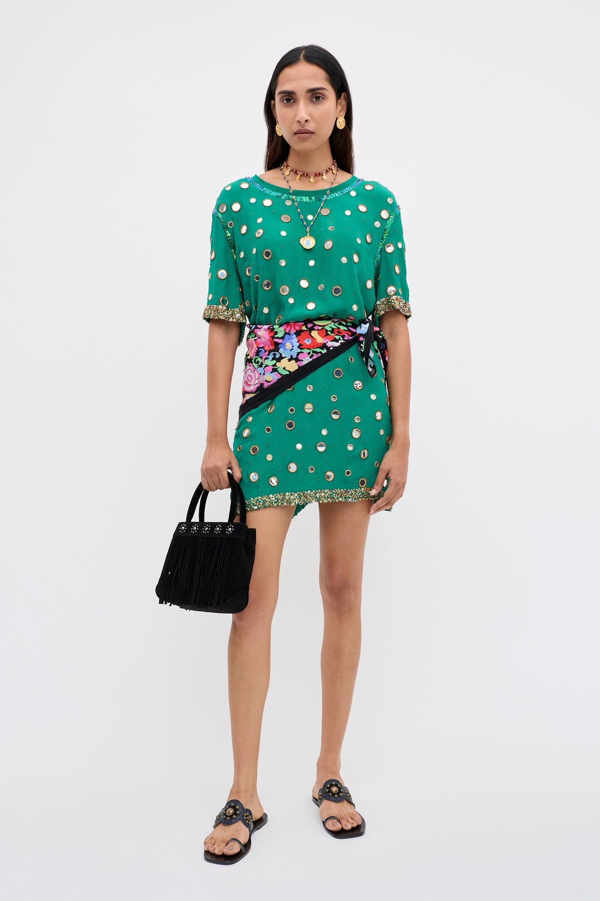 dark green mini dress RIXO Cruz Embellished Mini Lume Embellishment Dark Green