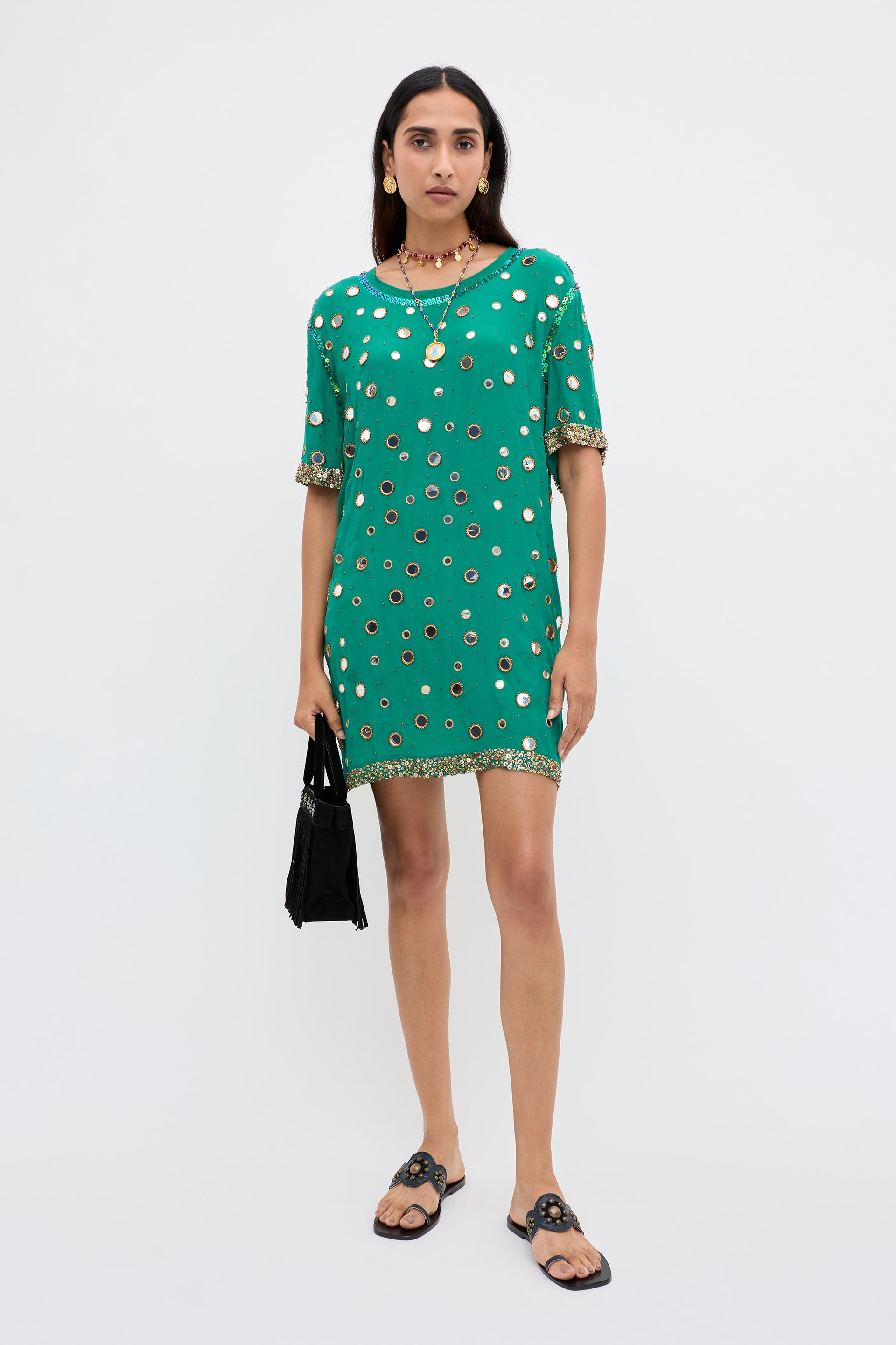 Cruz Embellished Mini Dress in Lume Embellishment Dark Green