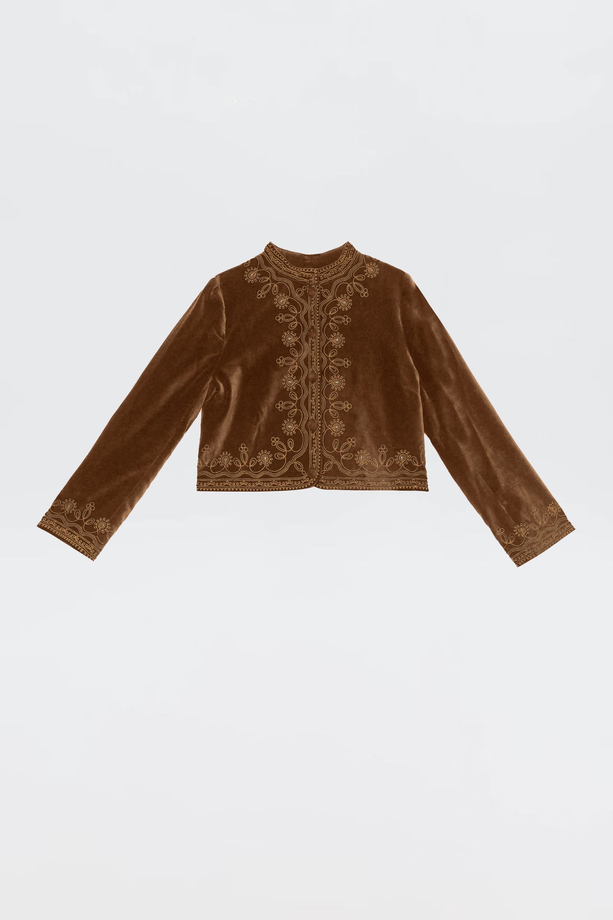Denver - Soutache Embroidery Bronze jacket in brown cotton-velvet with long sleeves and detailed gold soutache embroidery on the front, collar, cuffs, and hem, shown against a plain white background.