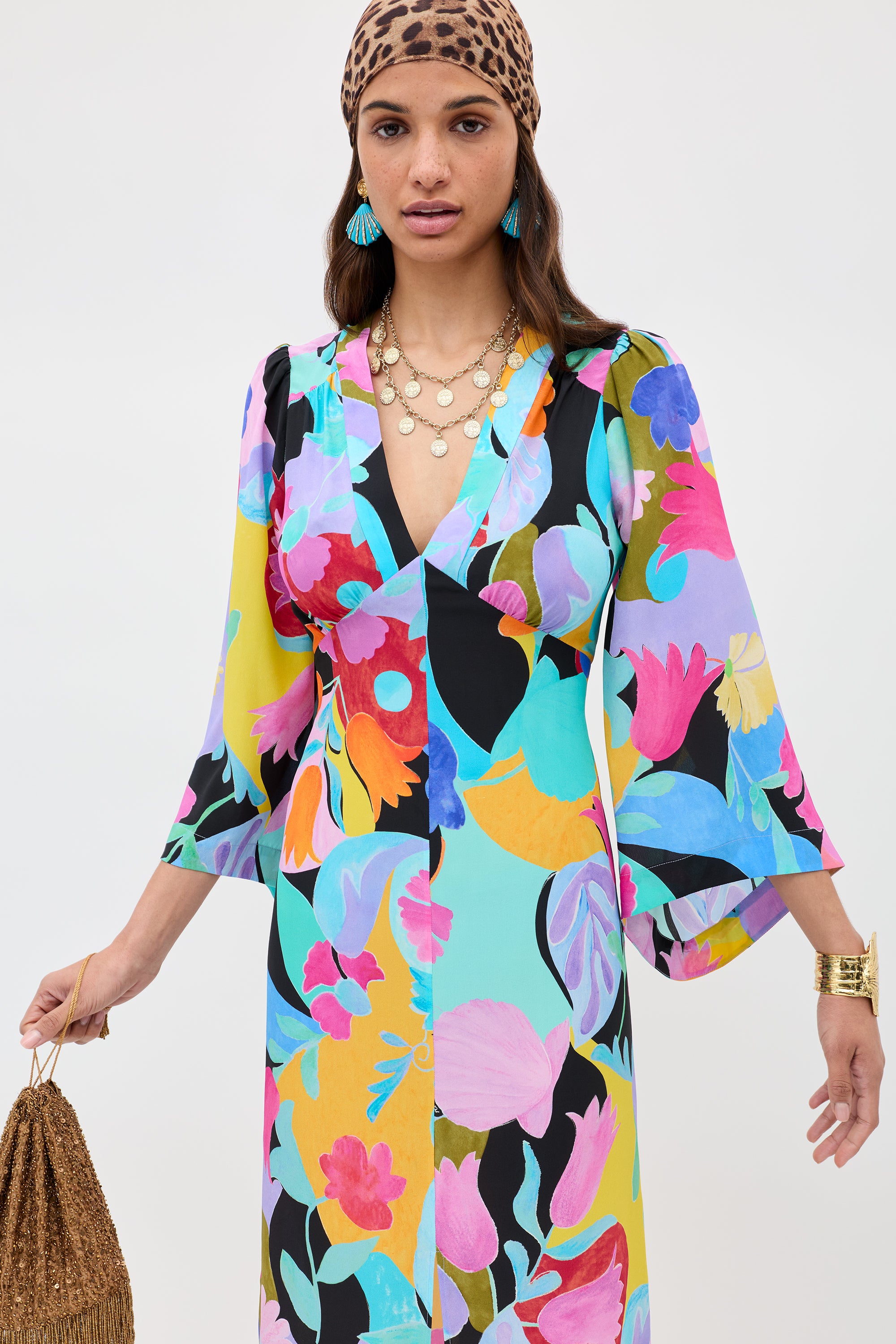Dahlia Silk Midi Dress in Multi Abstract Tulip Black | RIXO USA ⋆