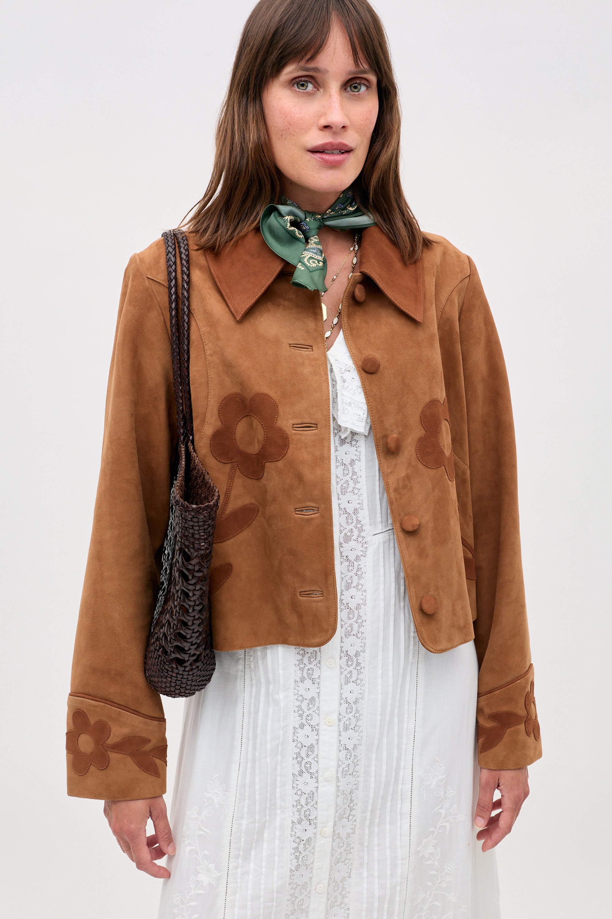 Dionne Suede Jacket in Brown Retro Daisy Applique Tan | RIXO USA ⋆