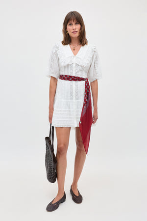 white dress with red embroidery Embroidered Midi Dress, Red Floral Embroidery, White Cotton Boho Dress