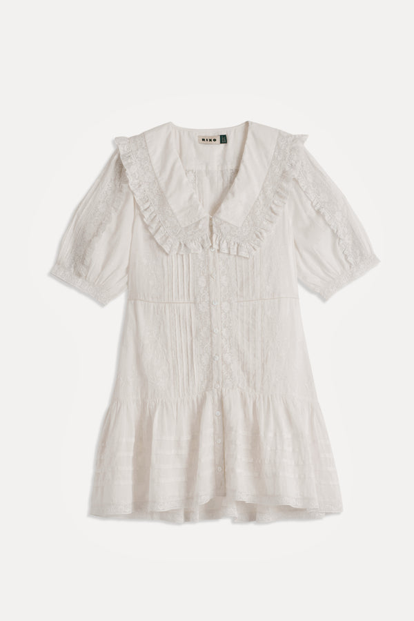 Dove Embroidered Cotton Mini Dress in Pansy Embroidery White