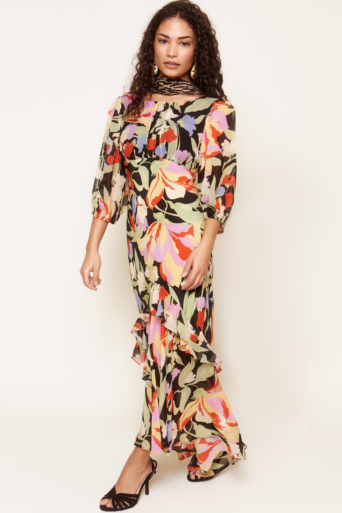 Cheryl Silk Midi Dress in Multi Cece Floral Black | RIXO USA Cheryl Silk Midi Dress in Multi Cece Floral Black | RIXO USA