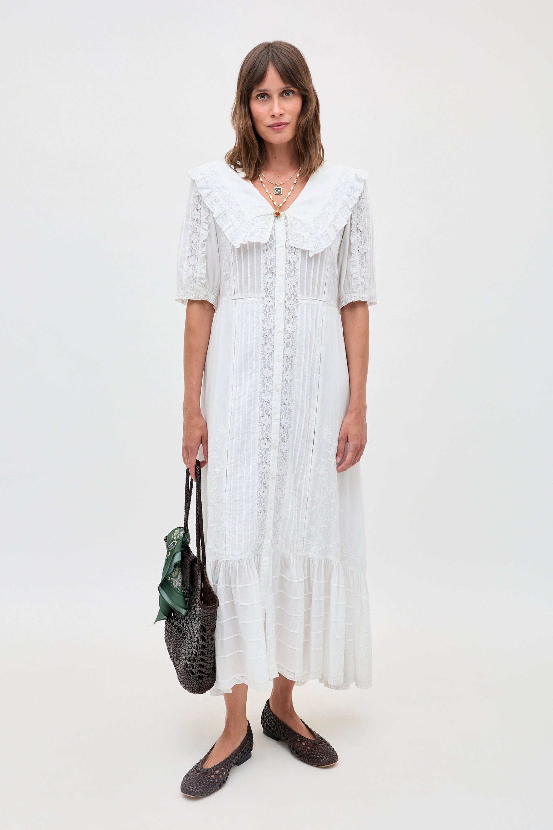 Edina Embroidered Cotton Midi Dress in Pansy Embroidery White