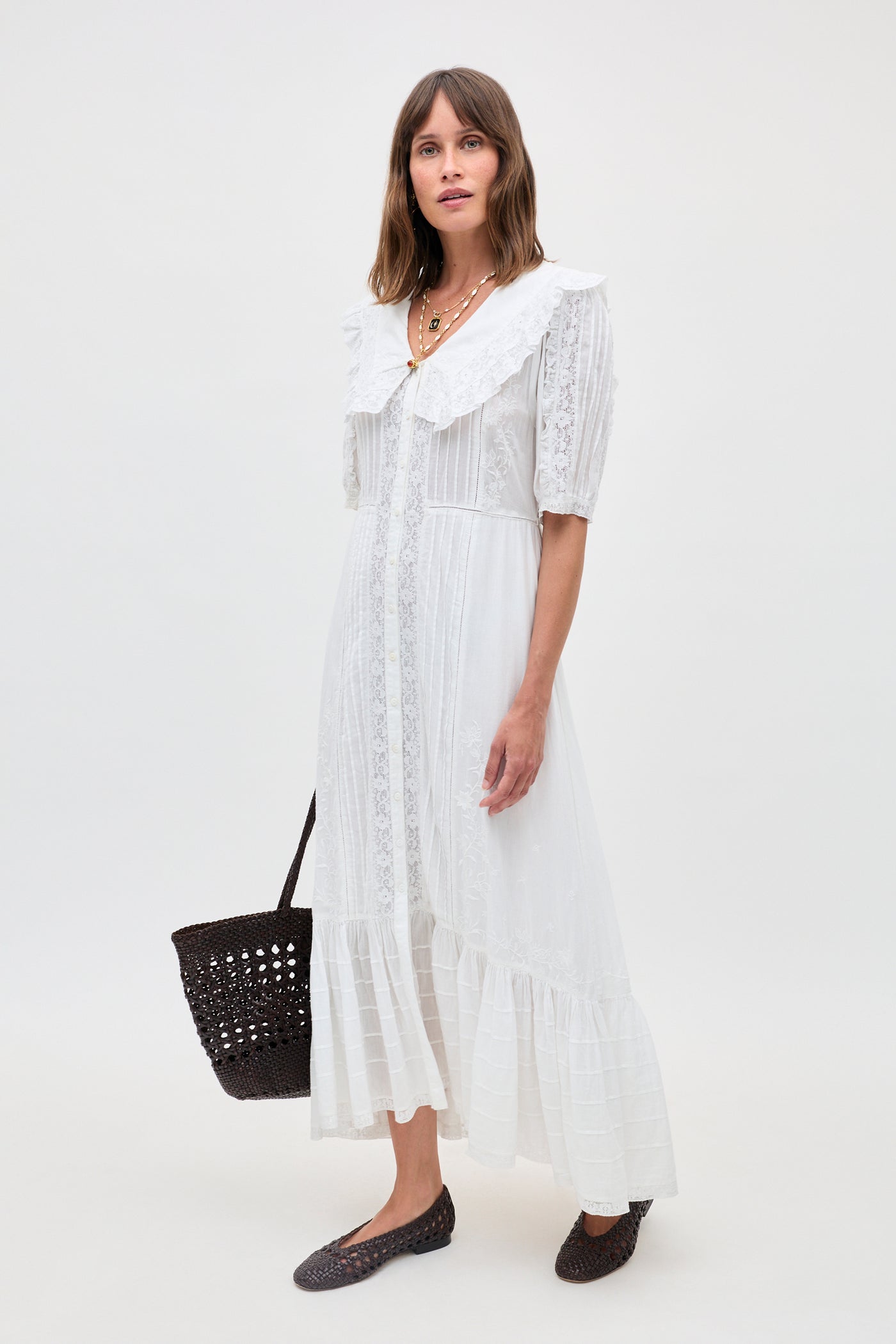 white dress with black embroidery With Jean | Sabrin Dress