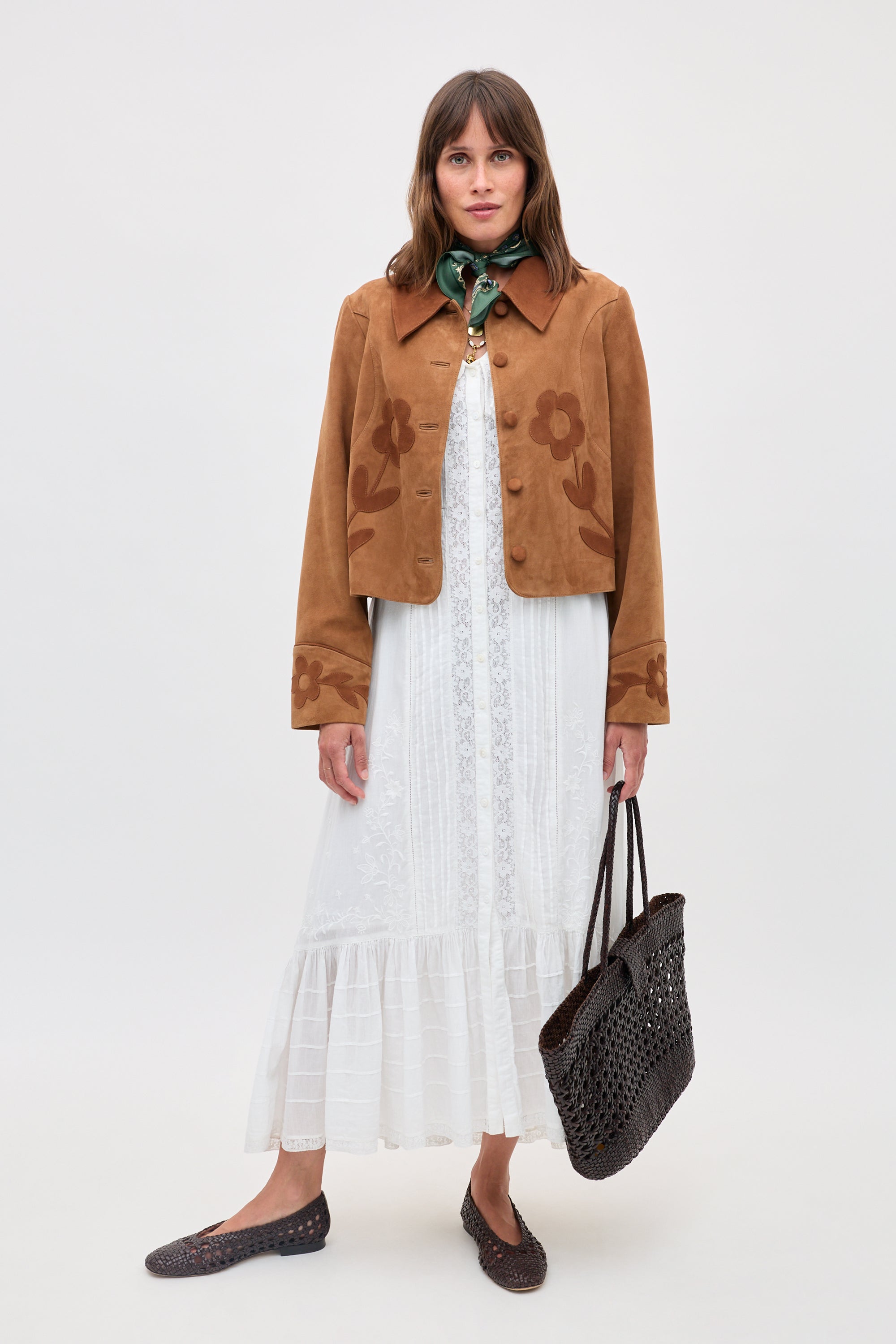 Dionne Suede Jacket in Brown Retro Daisy Applique Tan | RIXO USA ⋆