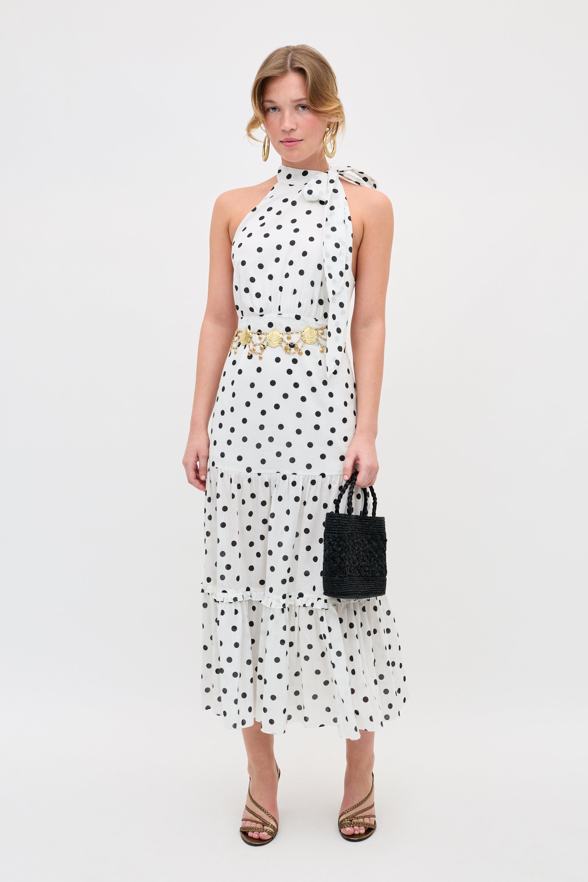 white spotted midi dress white blue polka dot dress White & Black Polka Dot Midi Dress