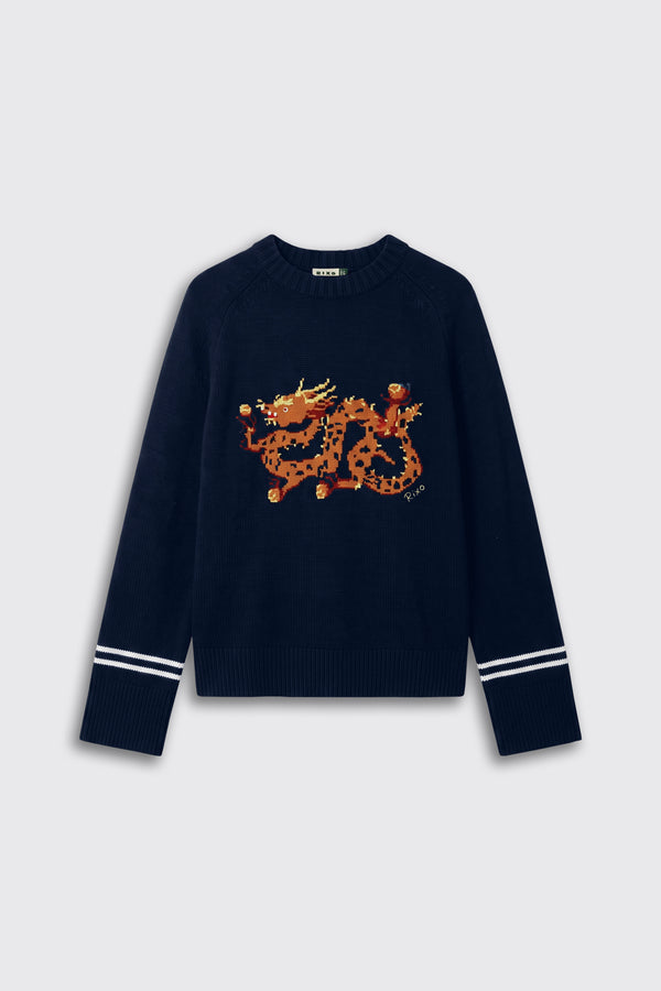 Emerson - Dragon Blaze Navy crewneck sweater in navy blue, featuring a pixelated dragon graphic on the chest and two white stripes on each cuff.