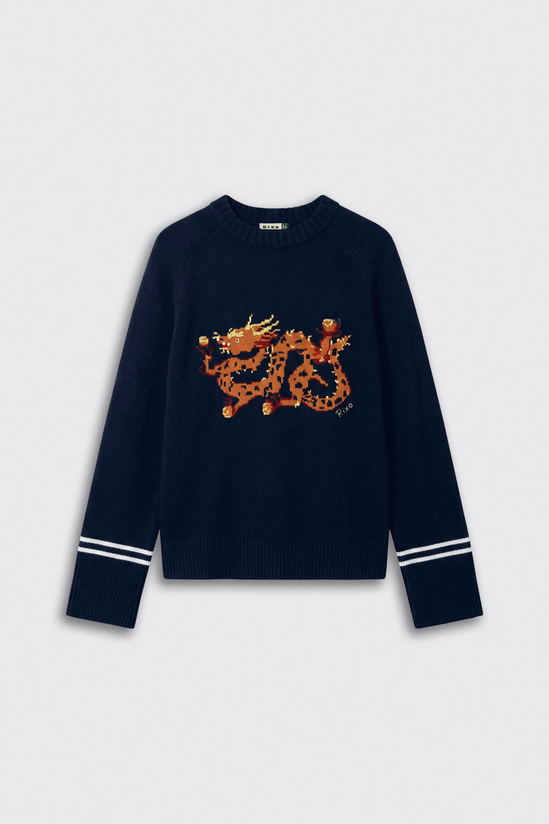 Emerson - Dragon Blaze Navy crewneck sweater in navy blue, featuring a pixelated dragon graphic on the chest and two white stripes on each cuff.