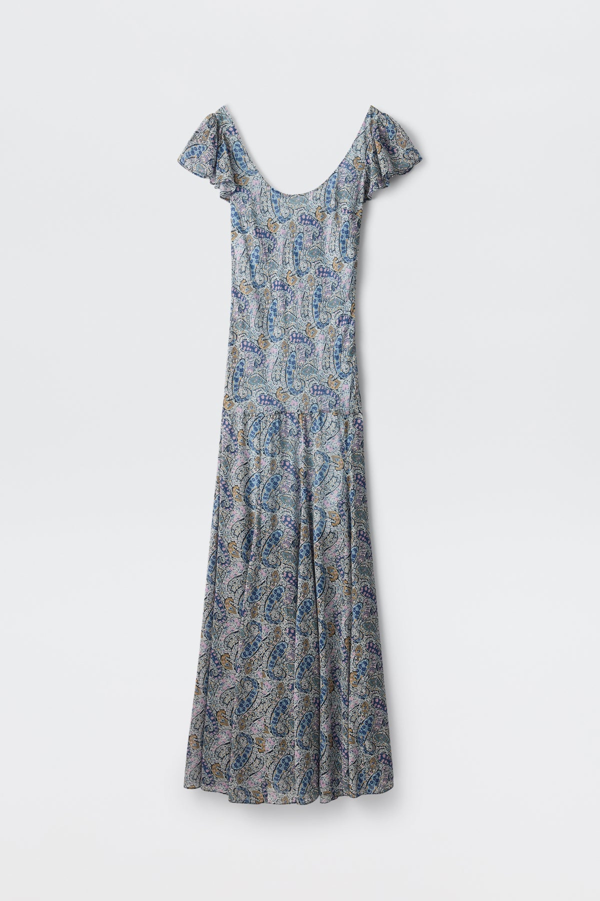 The Erianne - Bourton Navy is a long, short-sleeved georgette dress with a scoop neckline and blue-green paisley print on a light background, shown against a plain white surface.