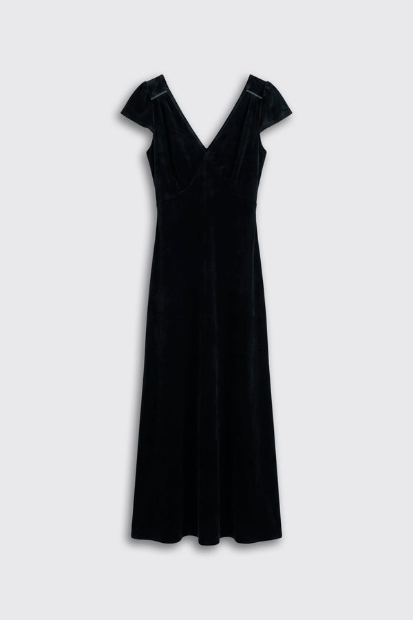 Ezra - Black maxi dress with a V-neckline and short cap sleeves.