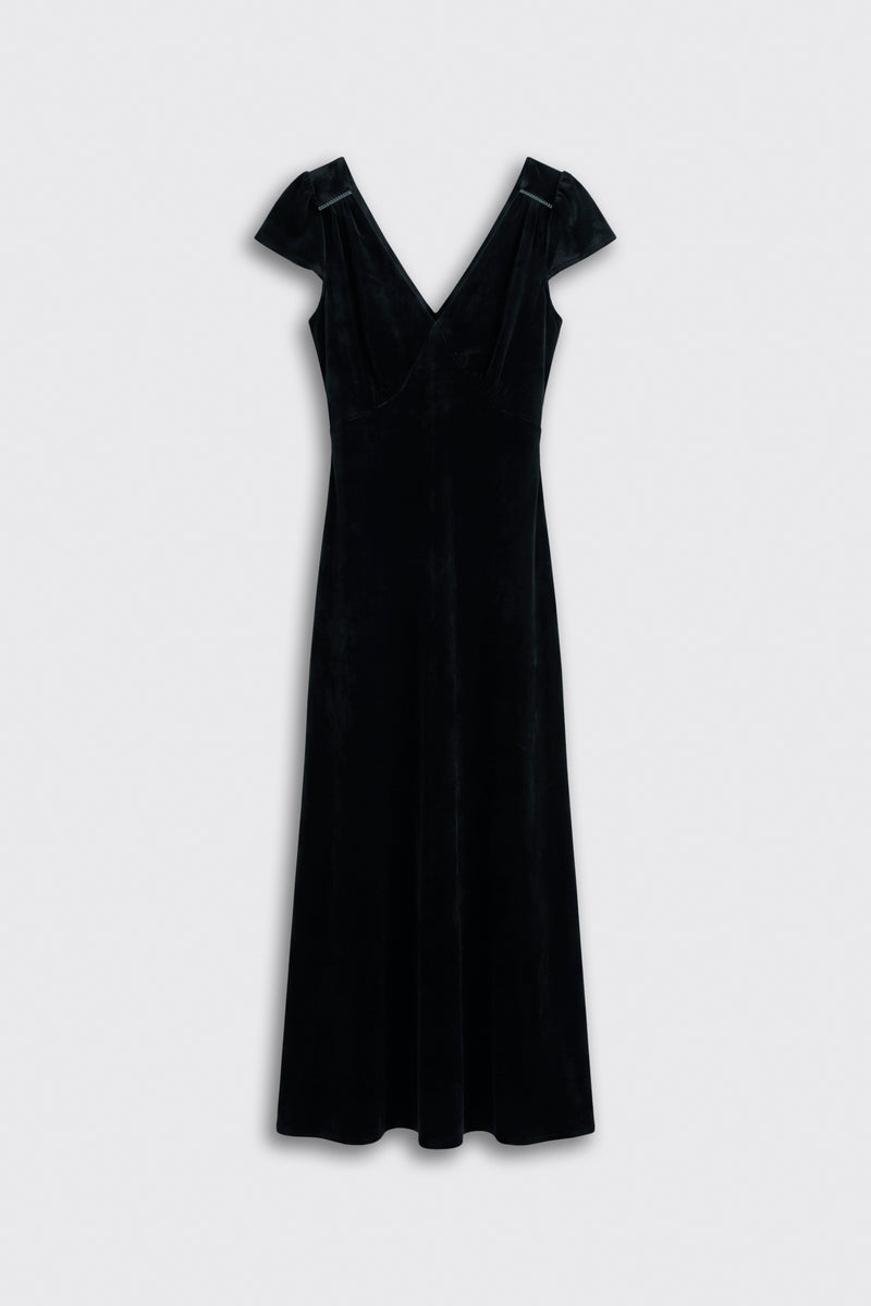 Ezra - Black maxi dress with a V-neckline and short cap sleeves.