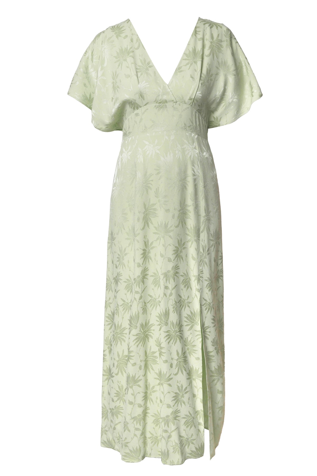 The Sadie - Daisy Jacquard Sage is a light green, thirties-inspired midi dress featuring a V-neckline, high waist, kimono-style sleeves, side slit, and subtle daisy jacquard fabric.