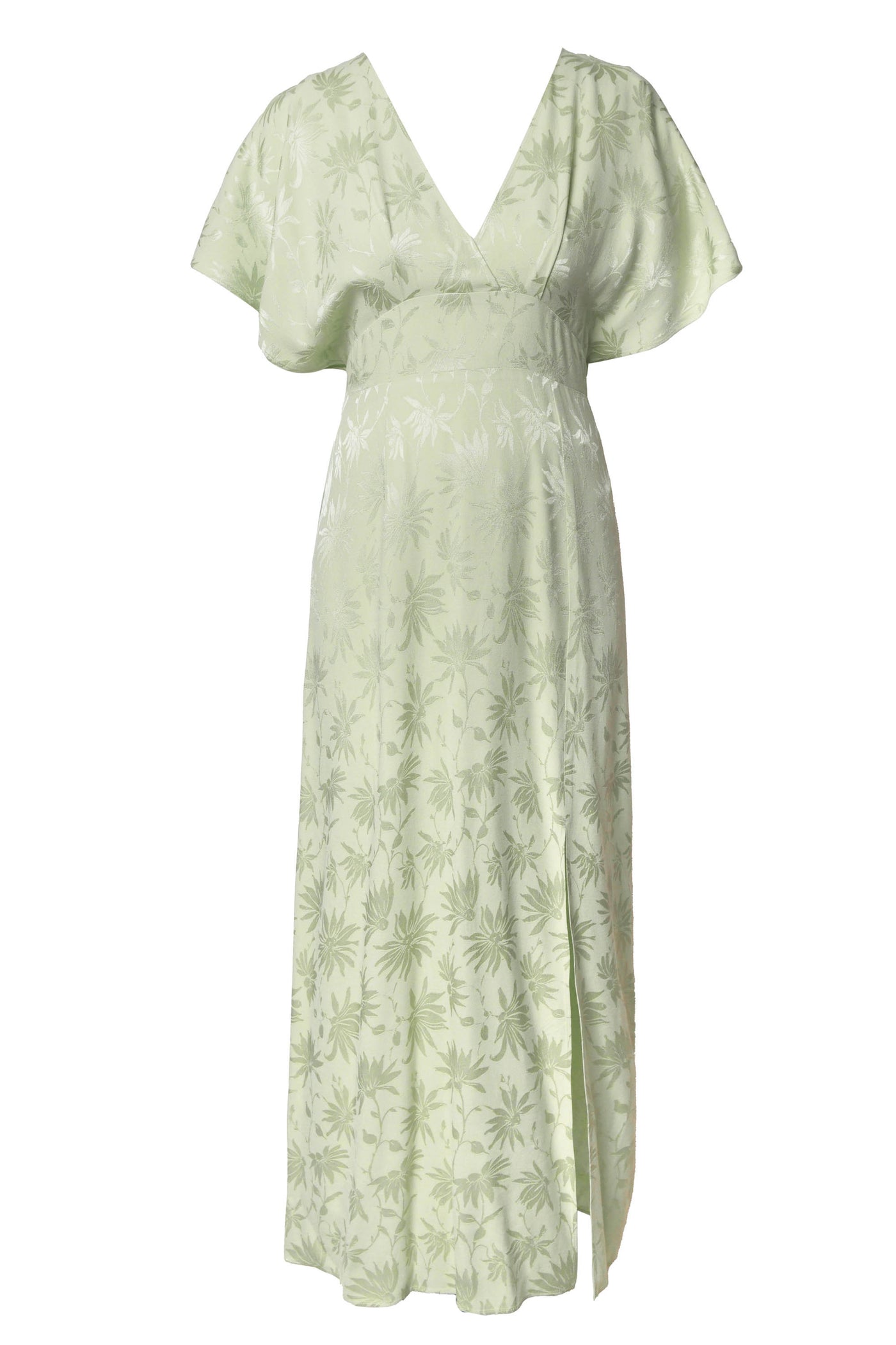 The Sadie - Daisy Jacquard Sage is a light green, thirties-inspired midi dress featuring a V-neckline, high waist, kimono-style sleeves, side slit, and subtle daisy jacquard fabric.