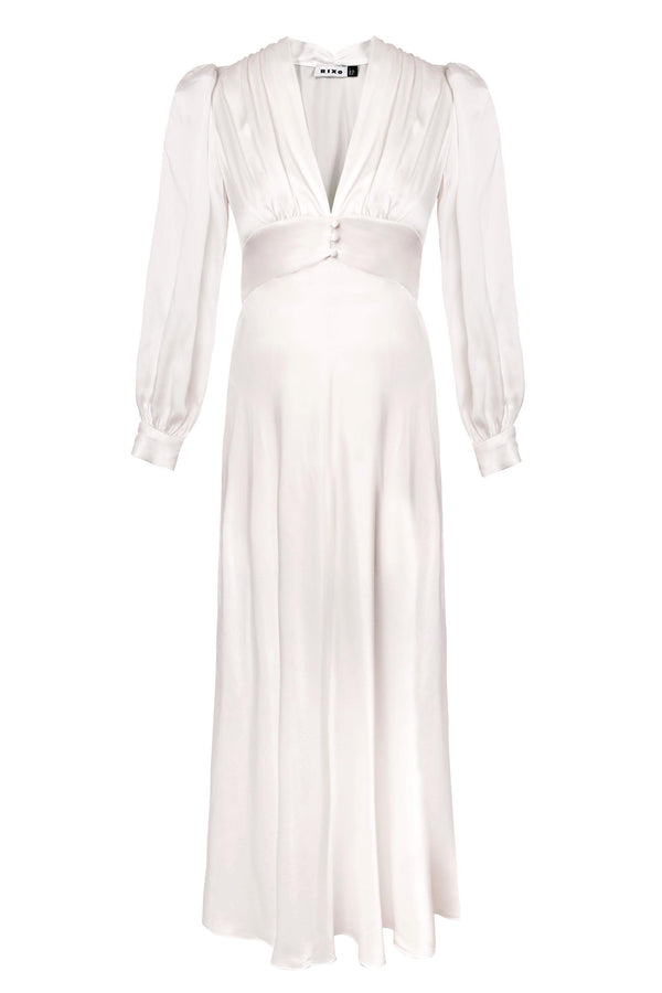 knee length dresses for ladies Berylove Women Long Sleeve Midi White Dress Satin Illusion Neck Graduation Dress with Slit, Ivory / US20W main image 1