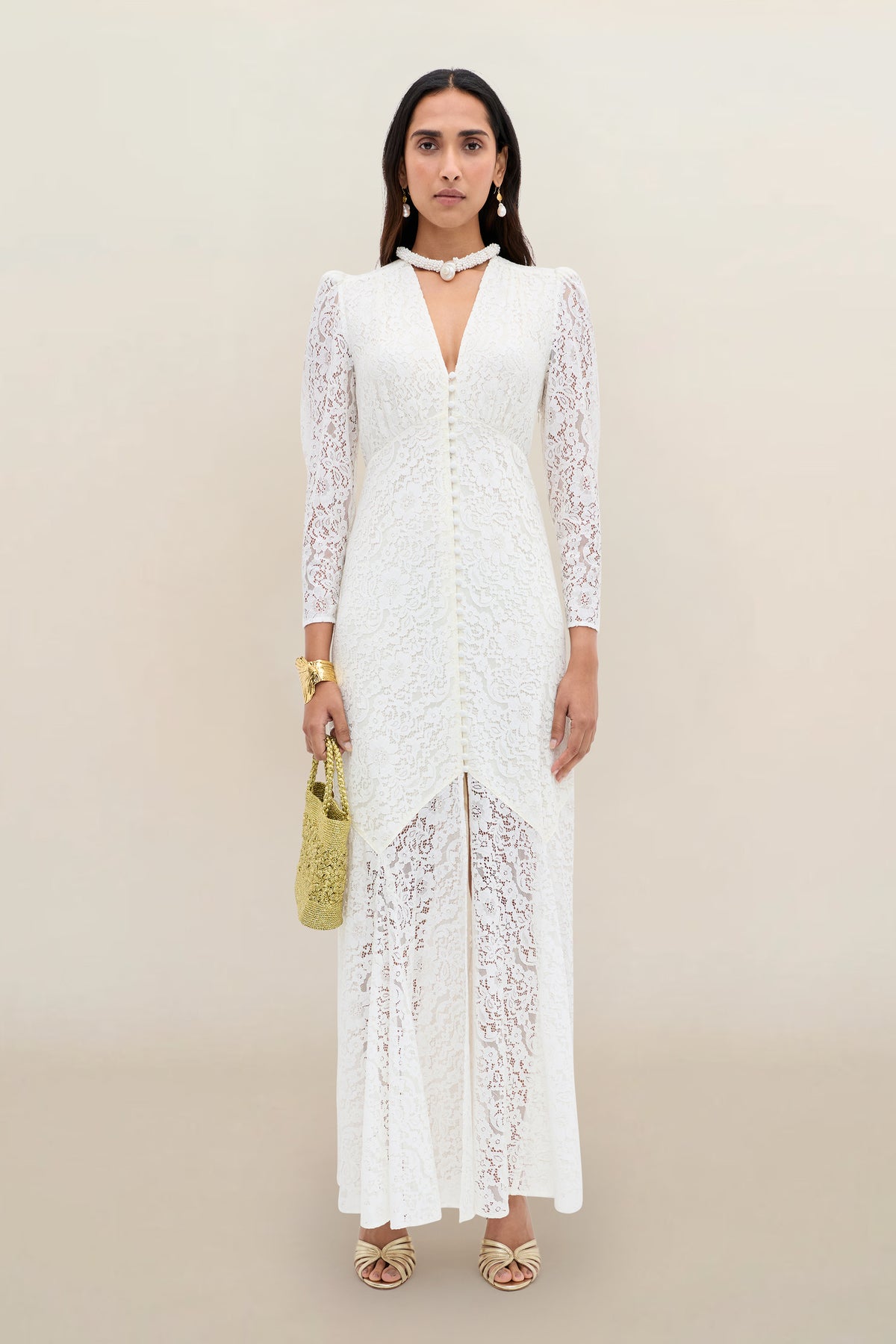 Fleur Corded Lace Gown in Ivory | RIXO USA Fleur Corded Lace Gown in Ivory | RIXO USA